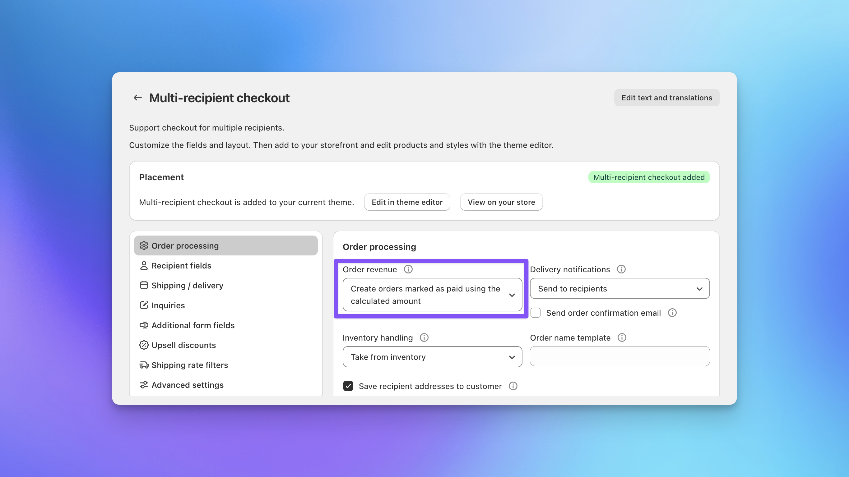 Send To Many multi-recipient checkout order processing settings for tax calculation in Shopify