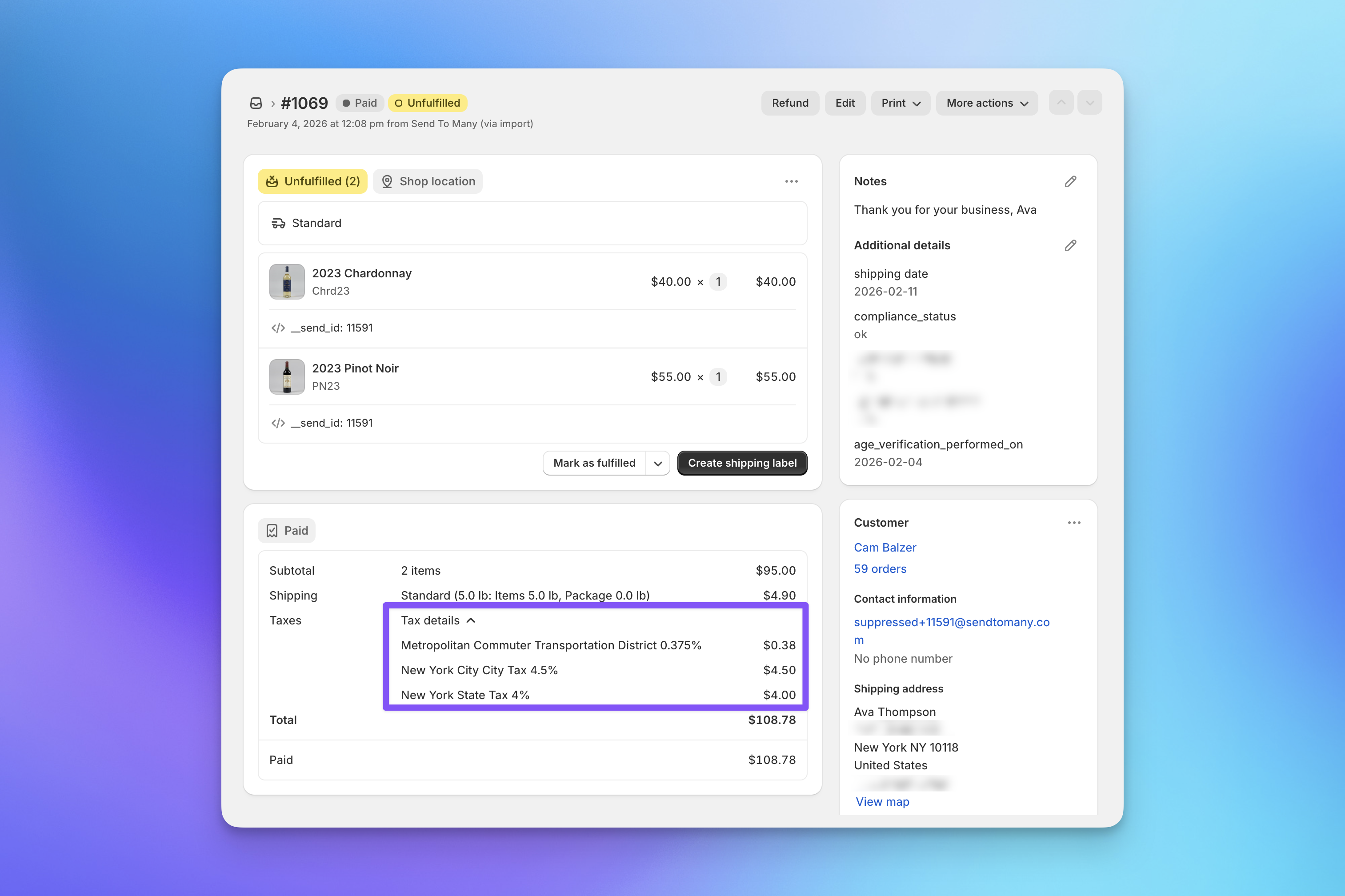 Shopify child order generated from a Send To Many bulk order with full tax jurisdiction details