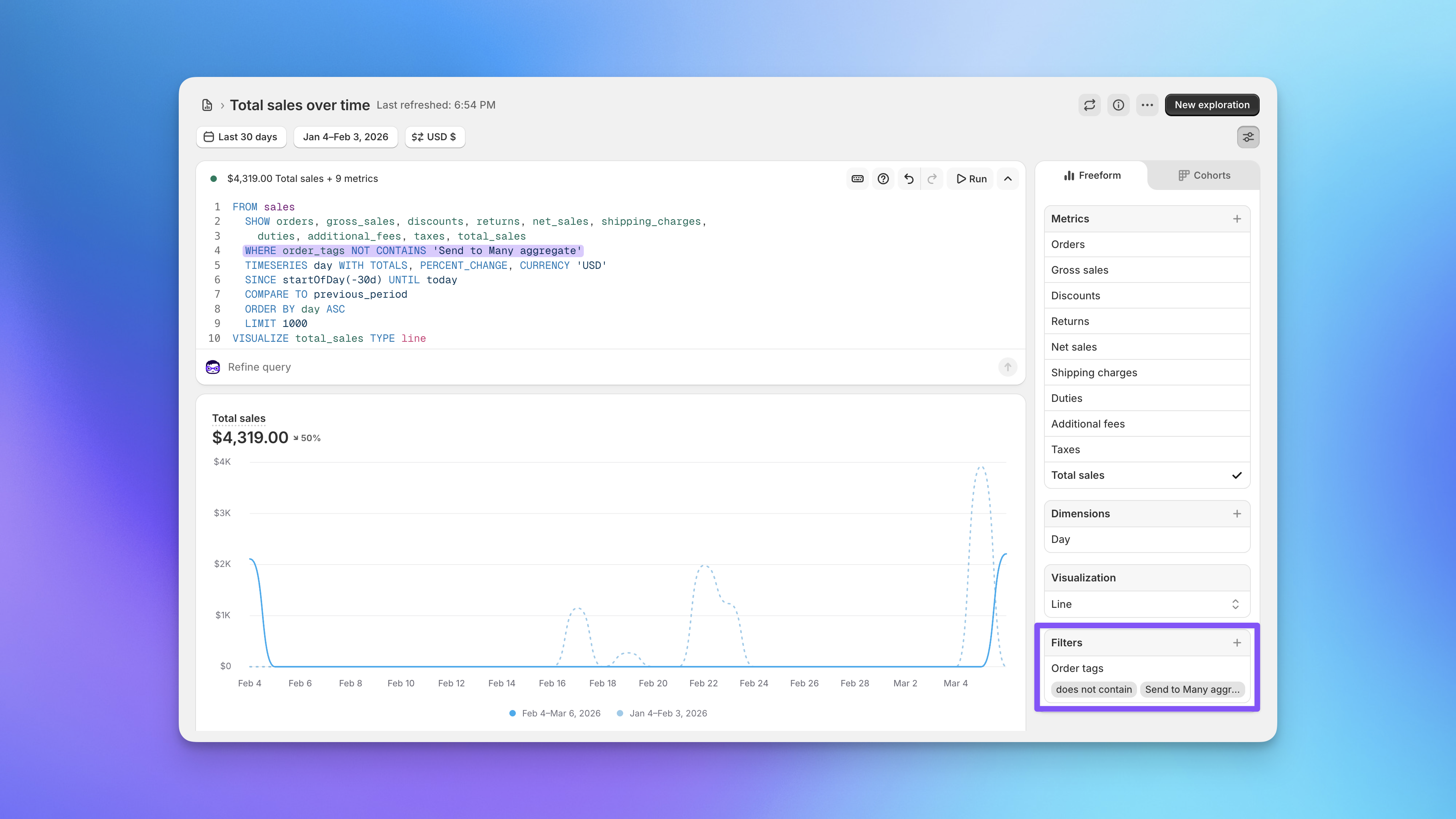 Shopify analytics report filter excluding Send To Many aggregate orders using tags to prevent double-counted revenue