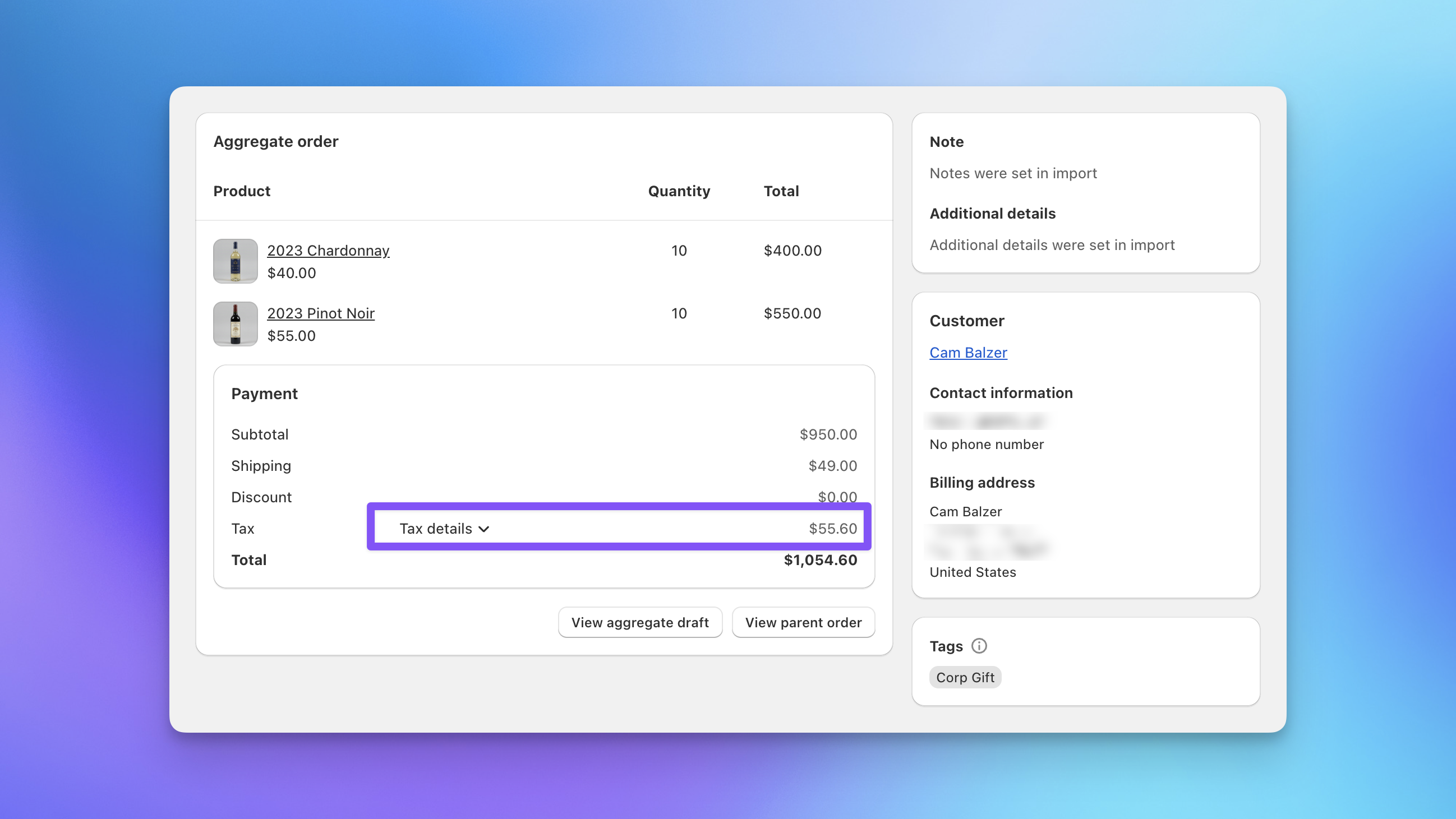 Send To Many send summary showing aggregated sales tax from all recipient orders in Shopify