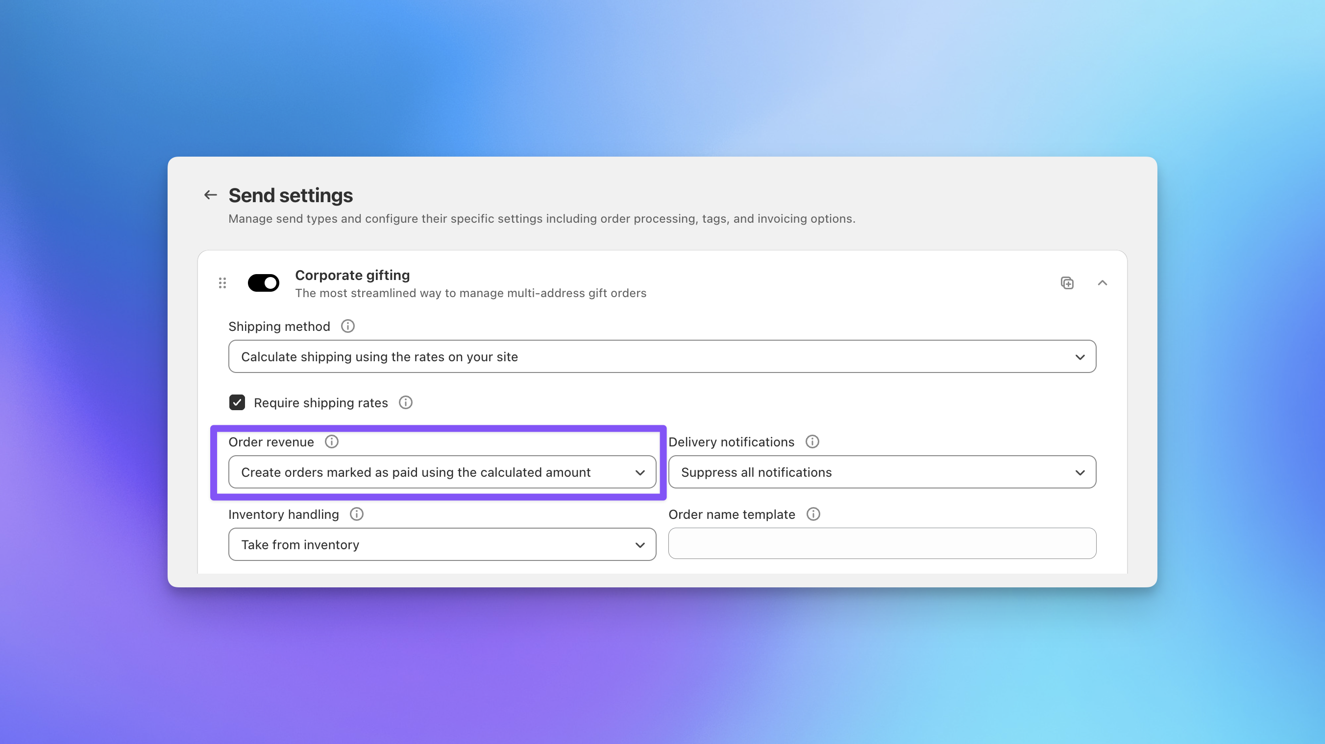 Send To Many send type settings showing order revenue handling set to calculated amounts in Shopify