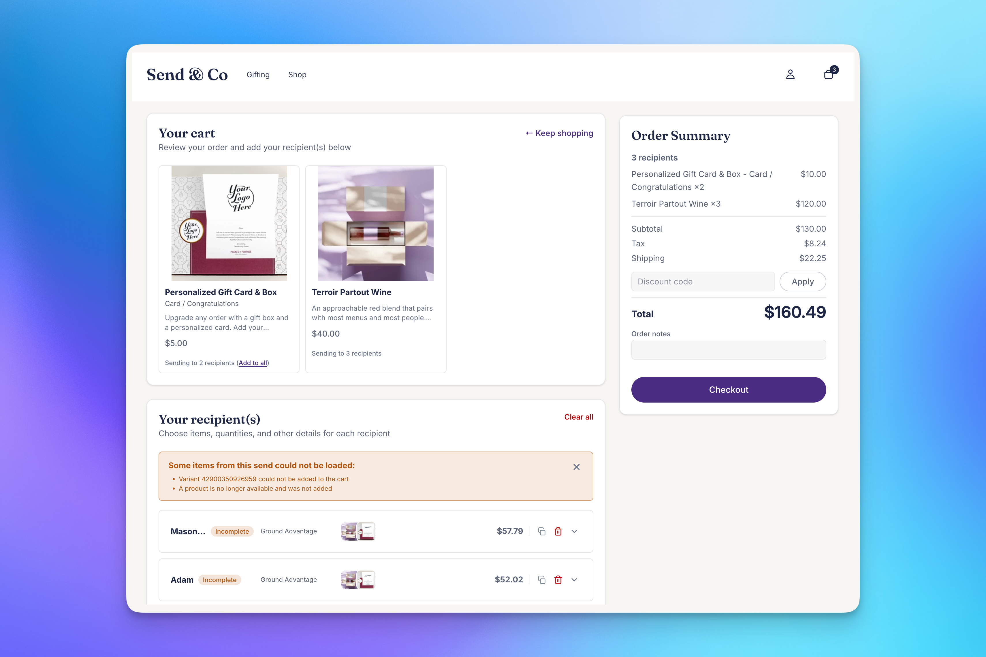 Send To Many cart loaded by Send Again with recipients and products from a past Send, showing the warning that some items could not be loaded because a product is no longer available