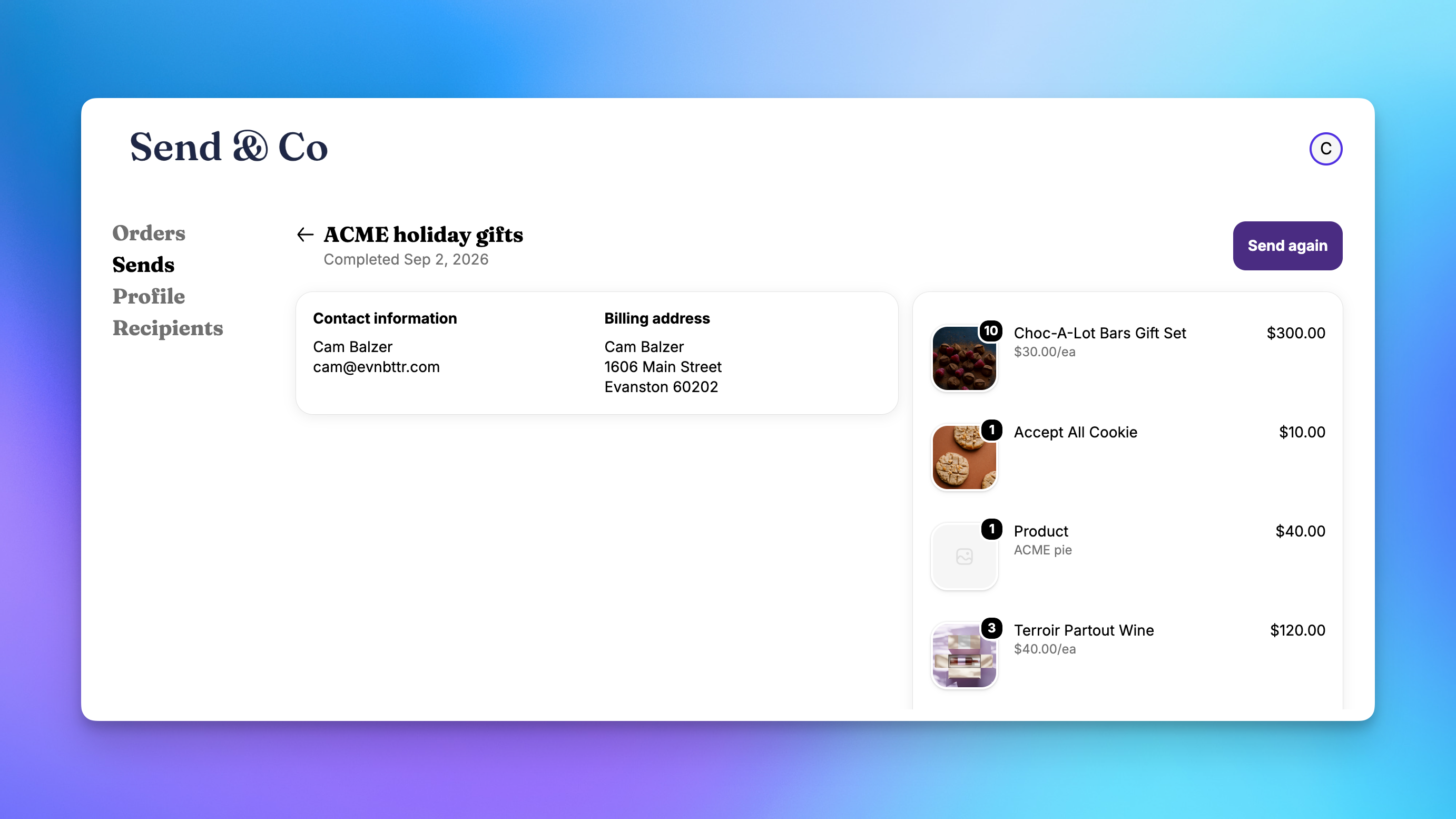 Send again button on the Send detail page in a Shopify customer account, shown on a completed multi-recipient holiday gift Send