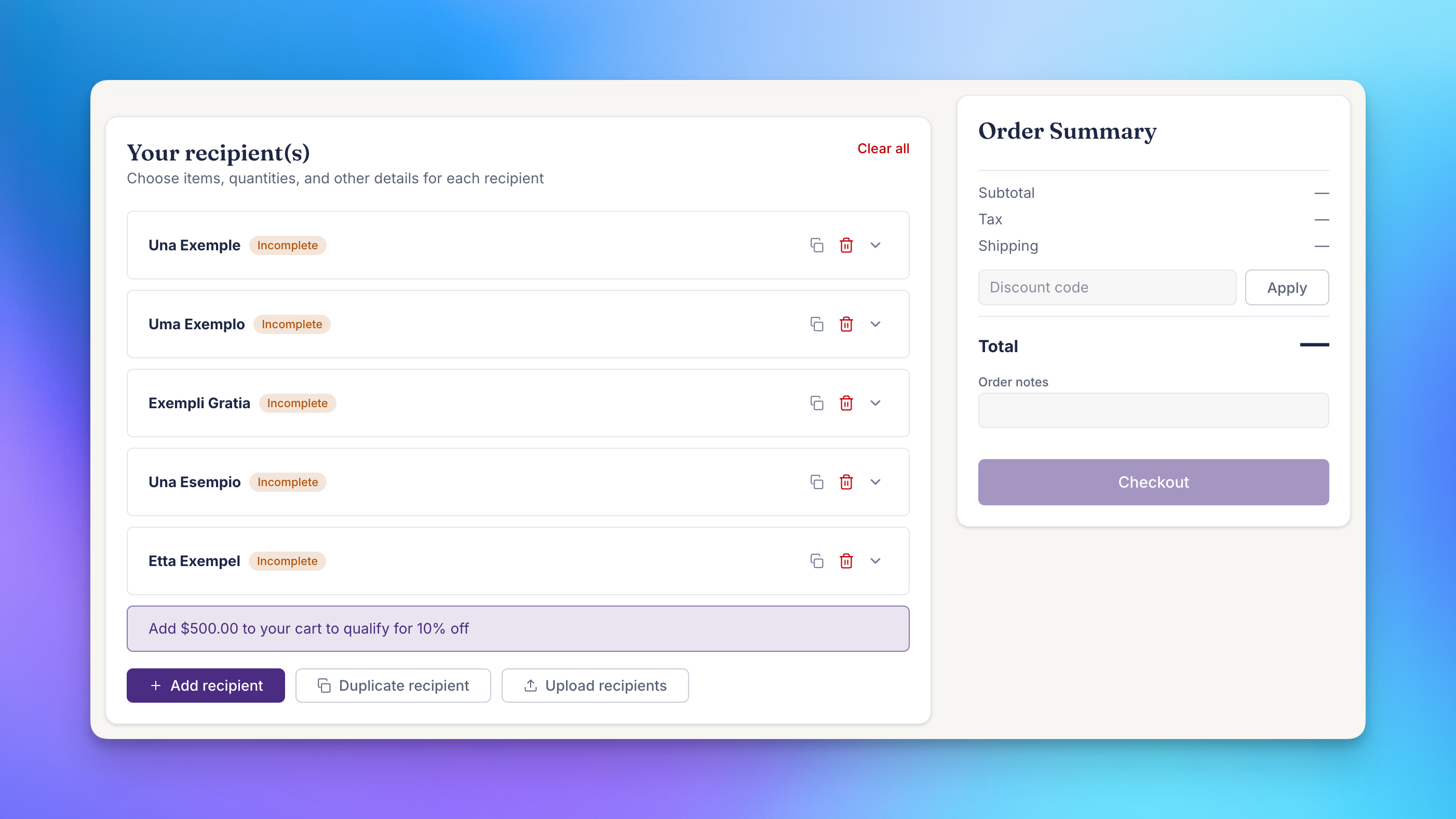 Send To Many multi-recipient cart opened from the Recipients page with five past recipients loaded and no products selected yet