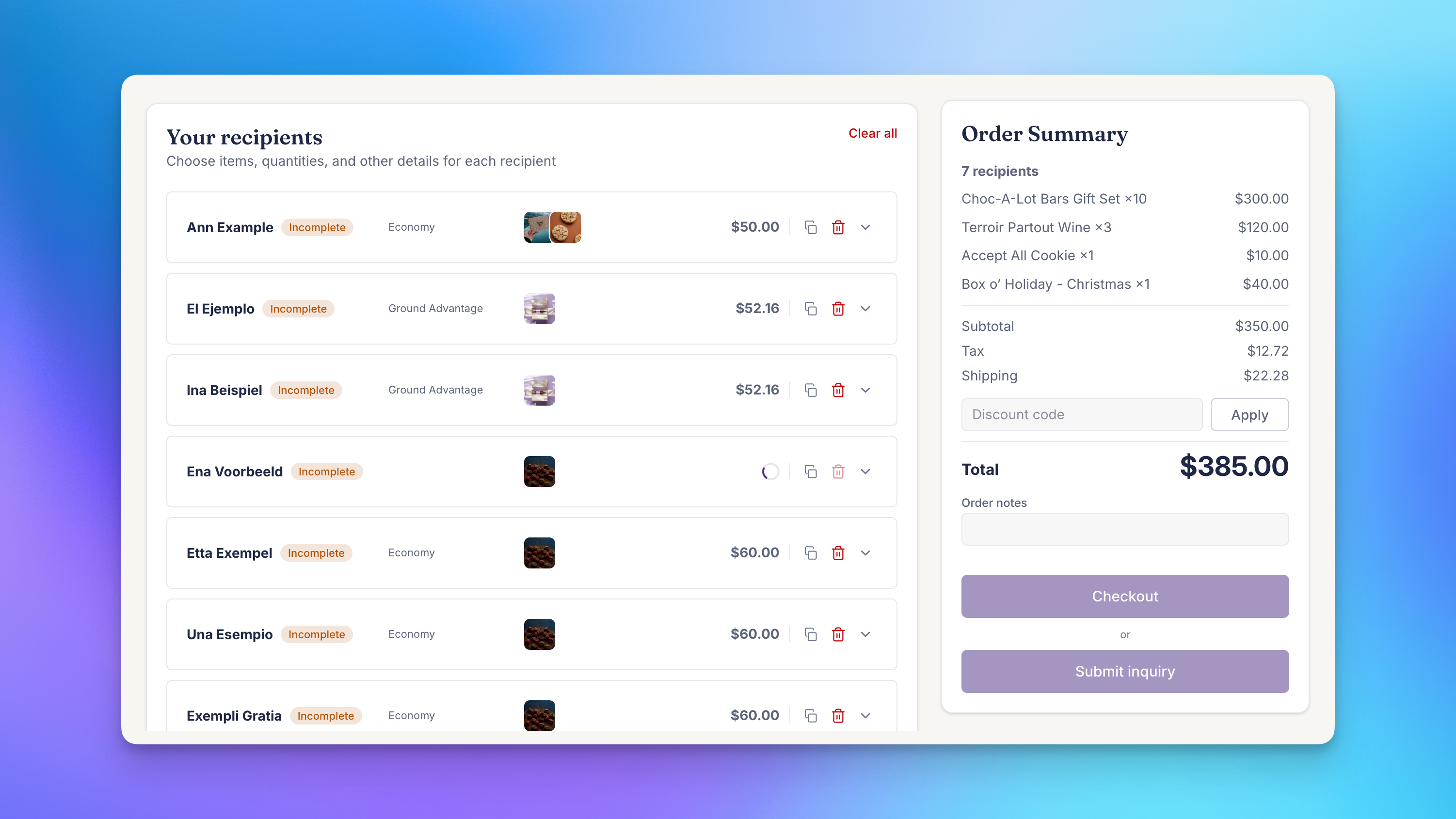Send To Many multi-recipient cart loaded by Send Again with seven recipients, their products, shipping methods, and an order summary from a past Send