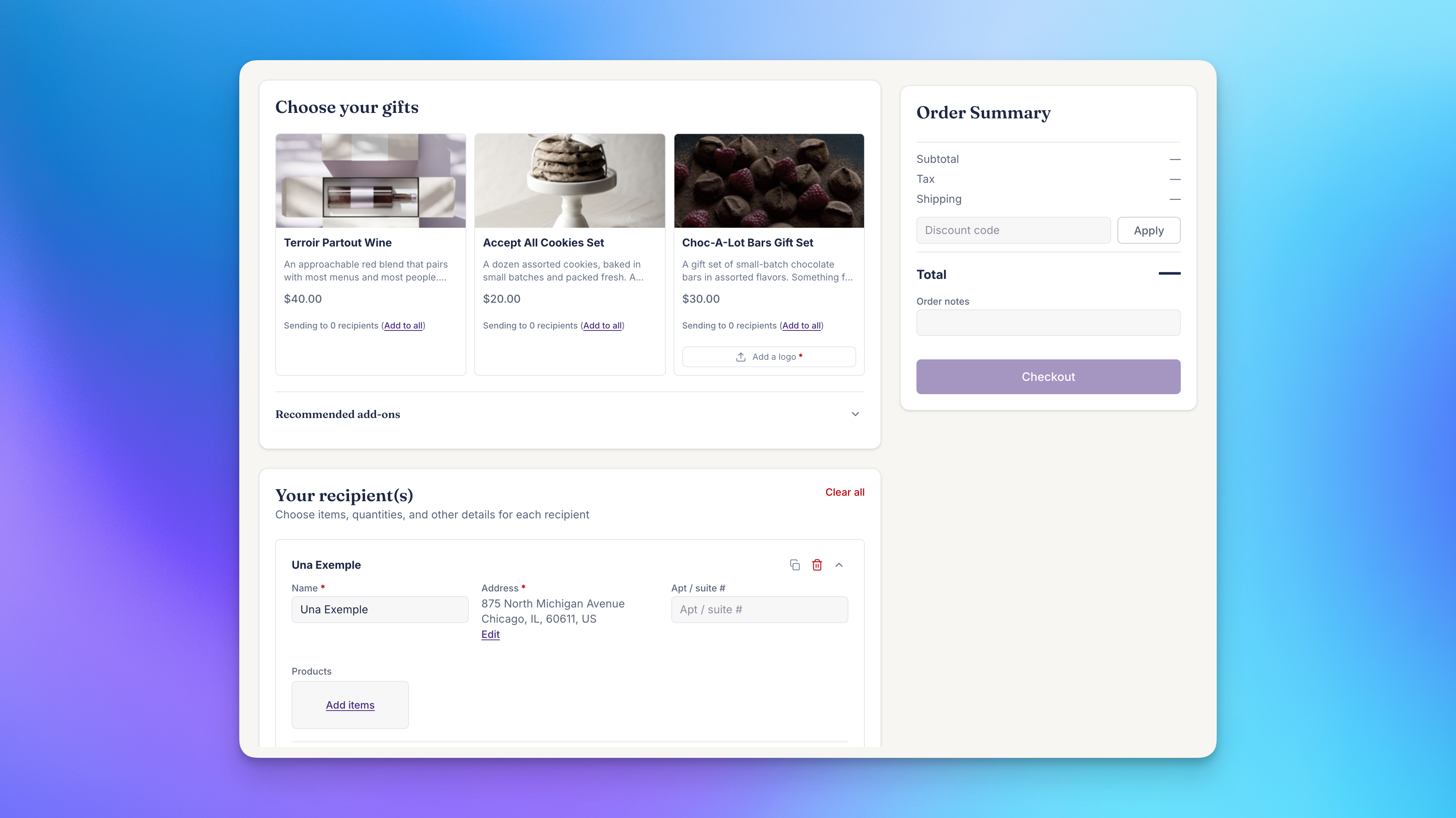 Collection mode multi-recipient cart showing this year's featured gifts above a past recipient loaded by Send Again with no products yet