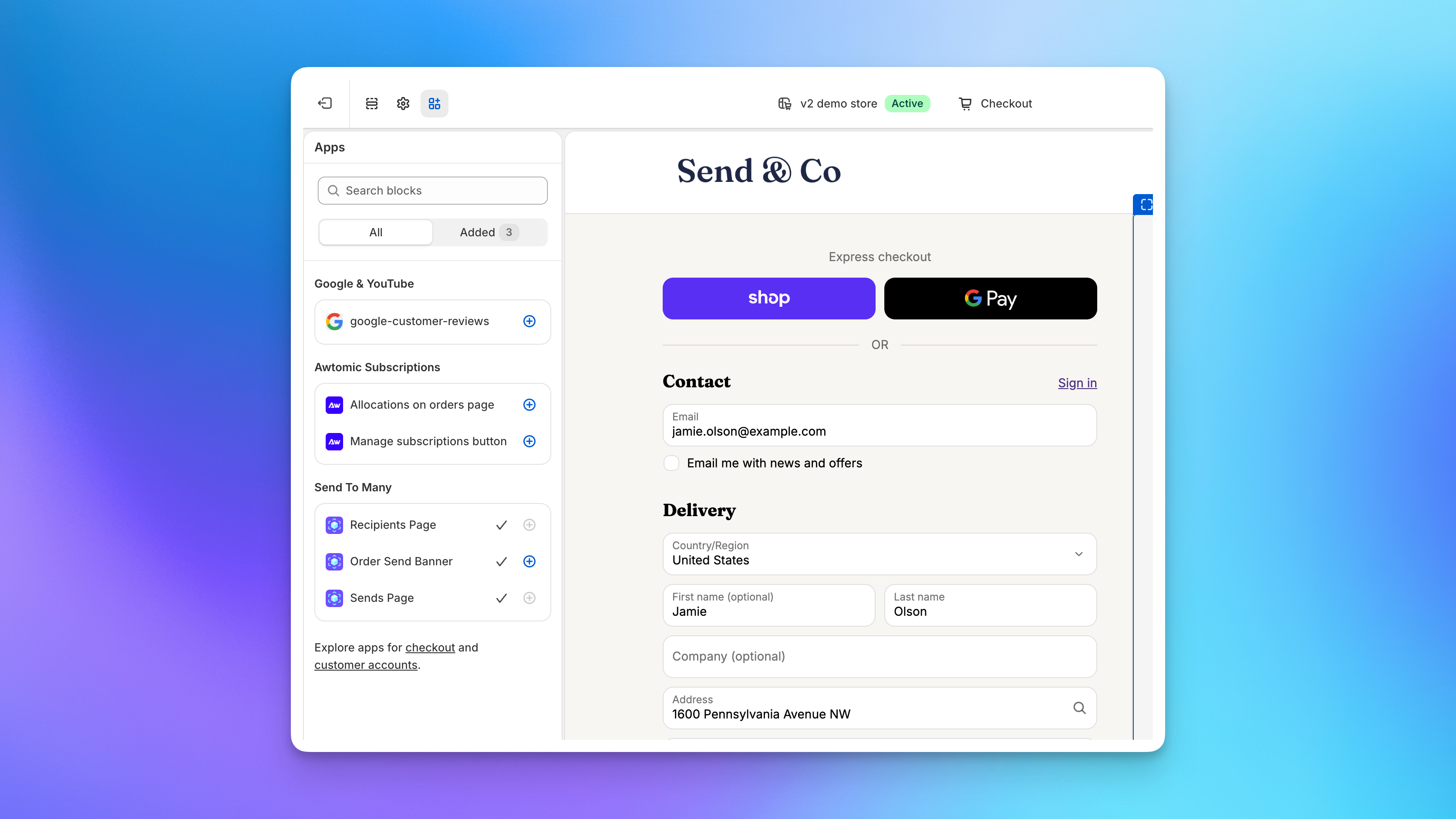 Send To Many Recipients Page, Order Send Banner, and Sends Page extensions enabled in the Shopify checkout and customer accounts editor