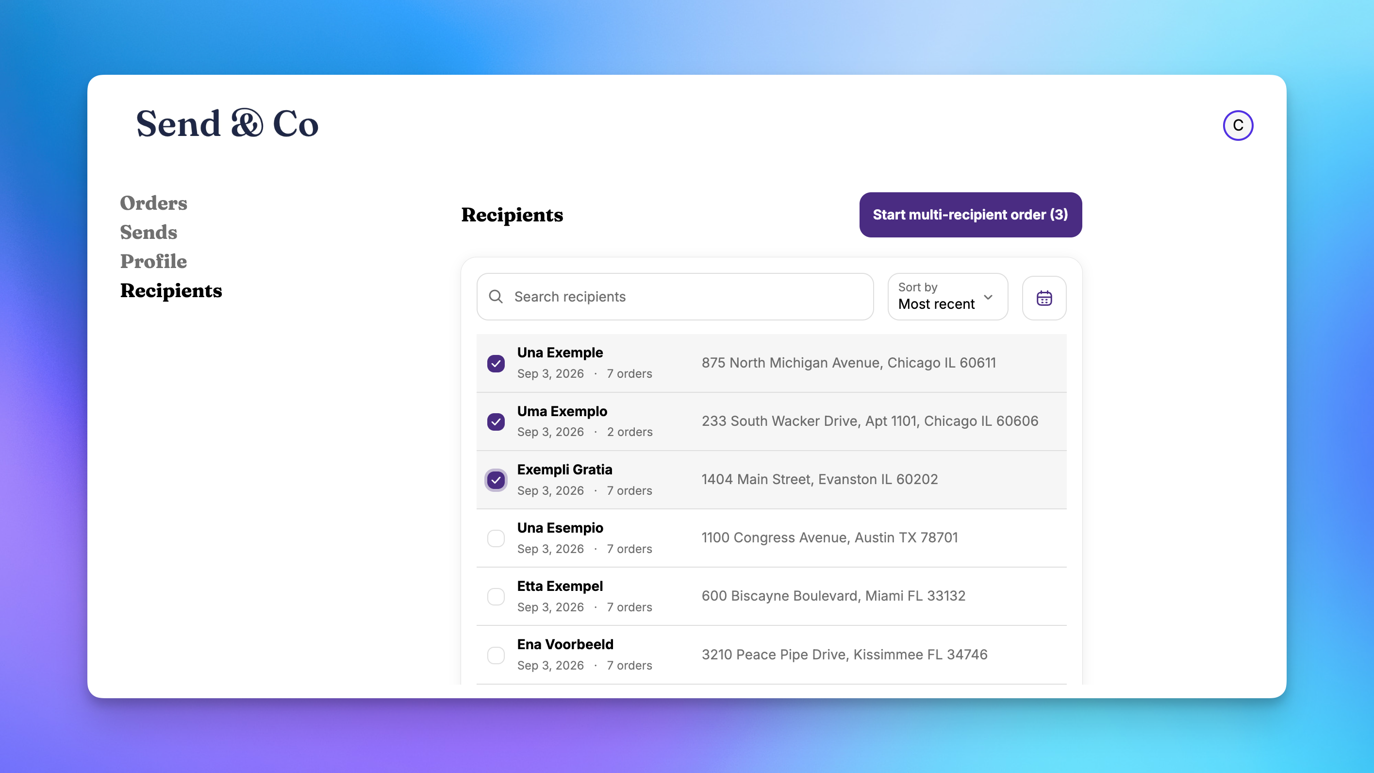 Recipients page in a Shopify customer account listing past gift recipients with three selected and a Start multi-recipient order button