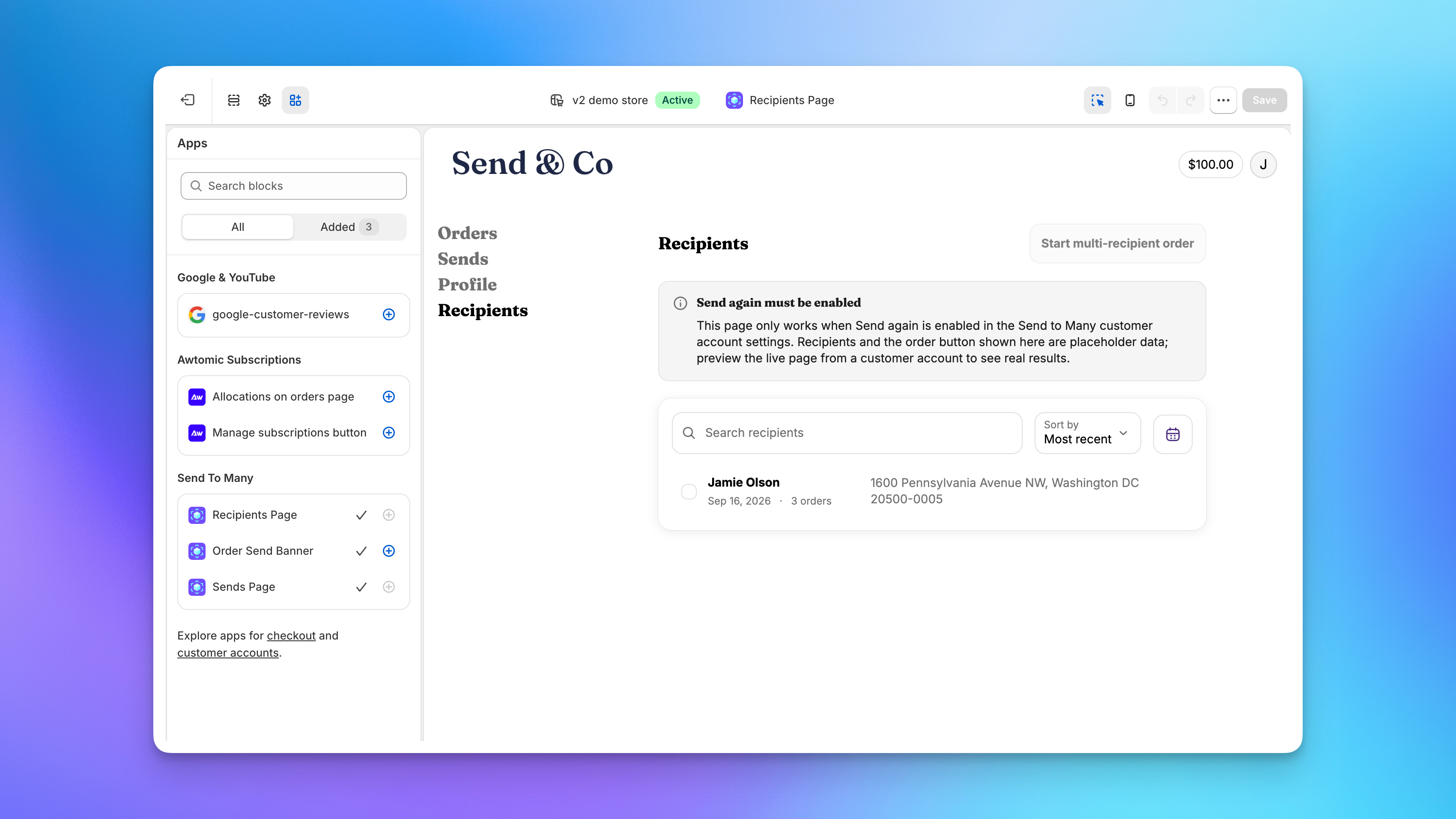 Recipients Page preview in the Shopify customer accounts editor with placeholder recipient data and the Send again must be enabled notice