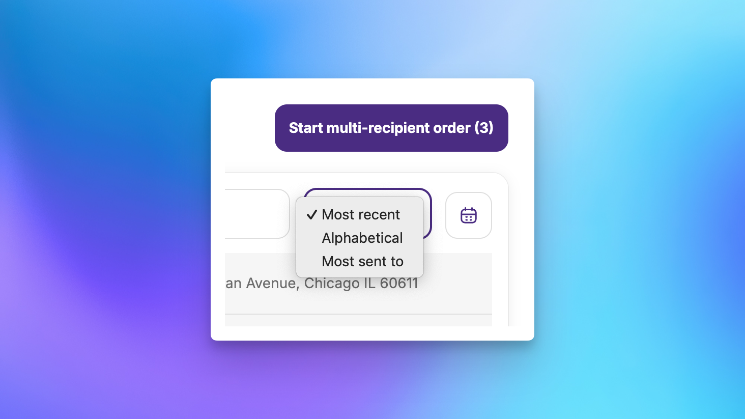 Recipients page sort options in a Shopify customer account: Most recent, Alphabetical, and Most sent to
