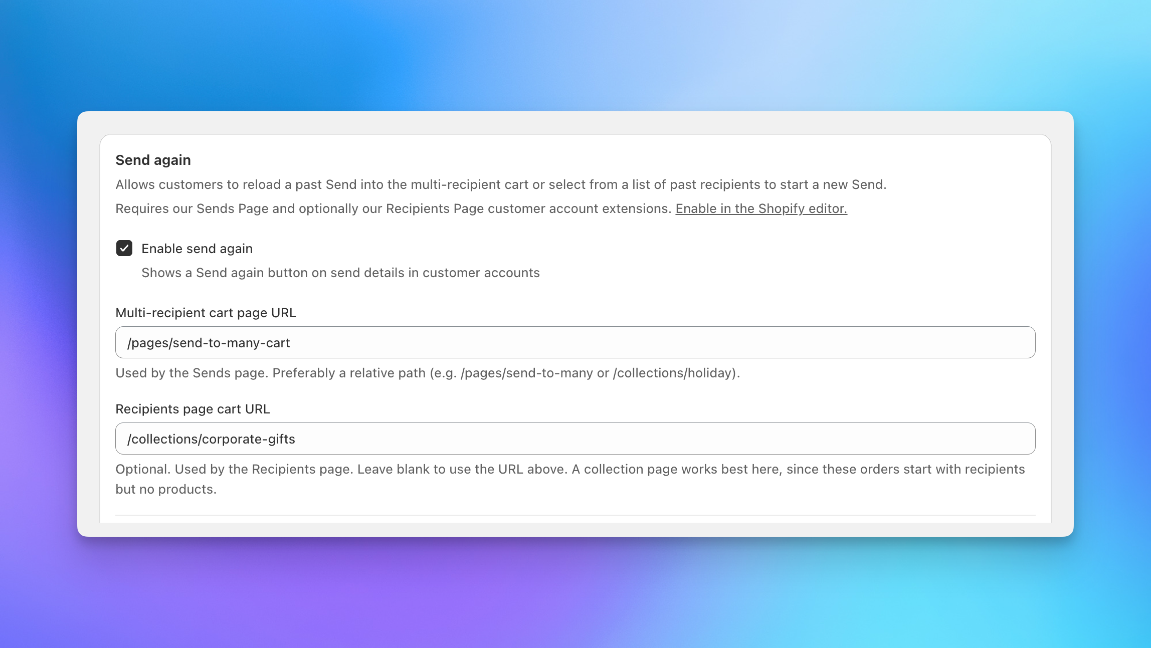 Send again settings showing the Multi-recipient cart page URL set to a cart page and the Recipients page cart URL set to a collection page