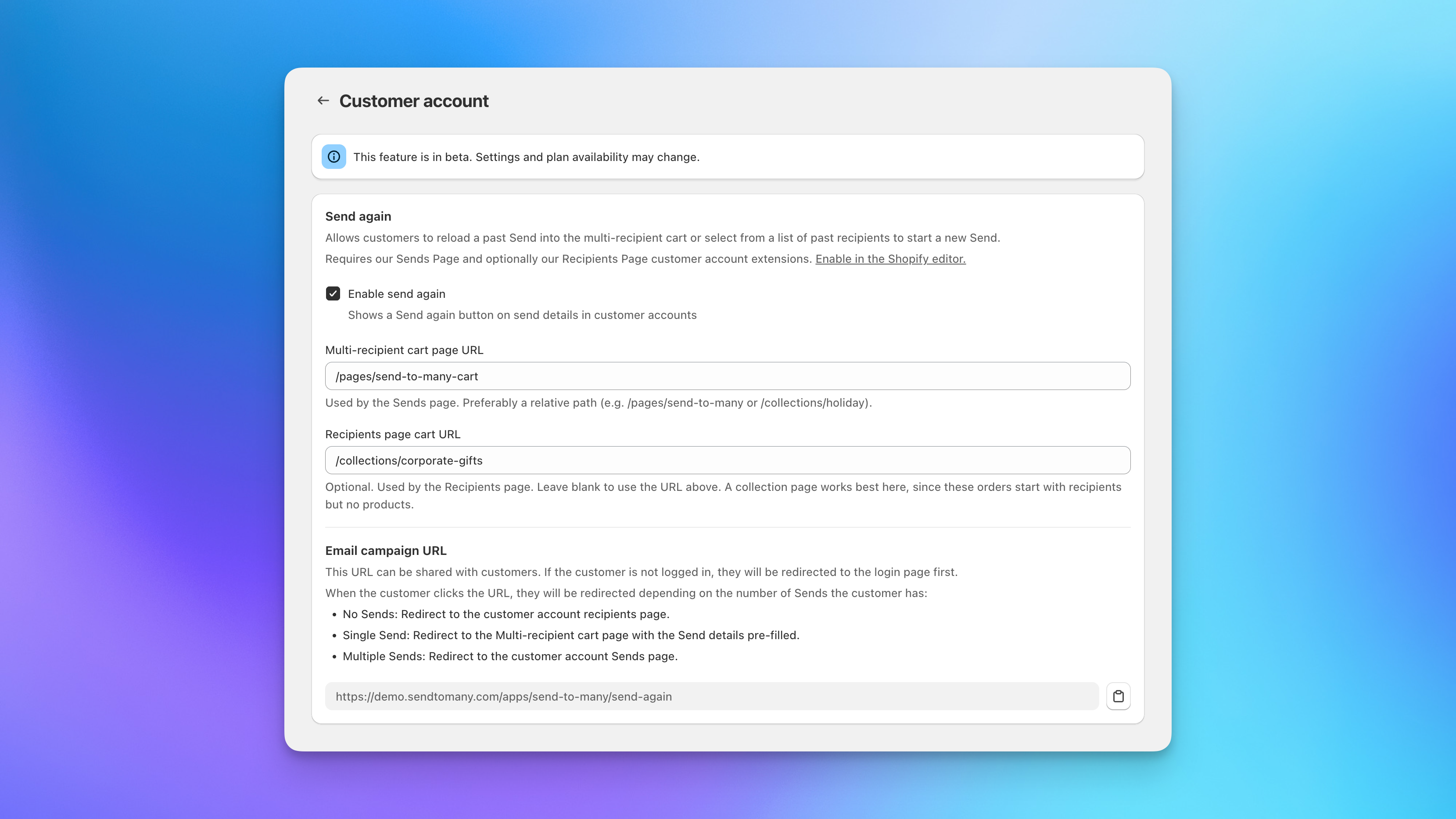 Send To Many Customer account settings with Enable send again checked, the cart page URL fields, and the Email campaign URL