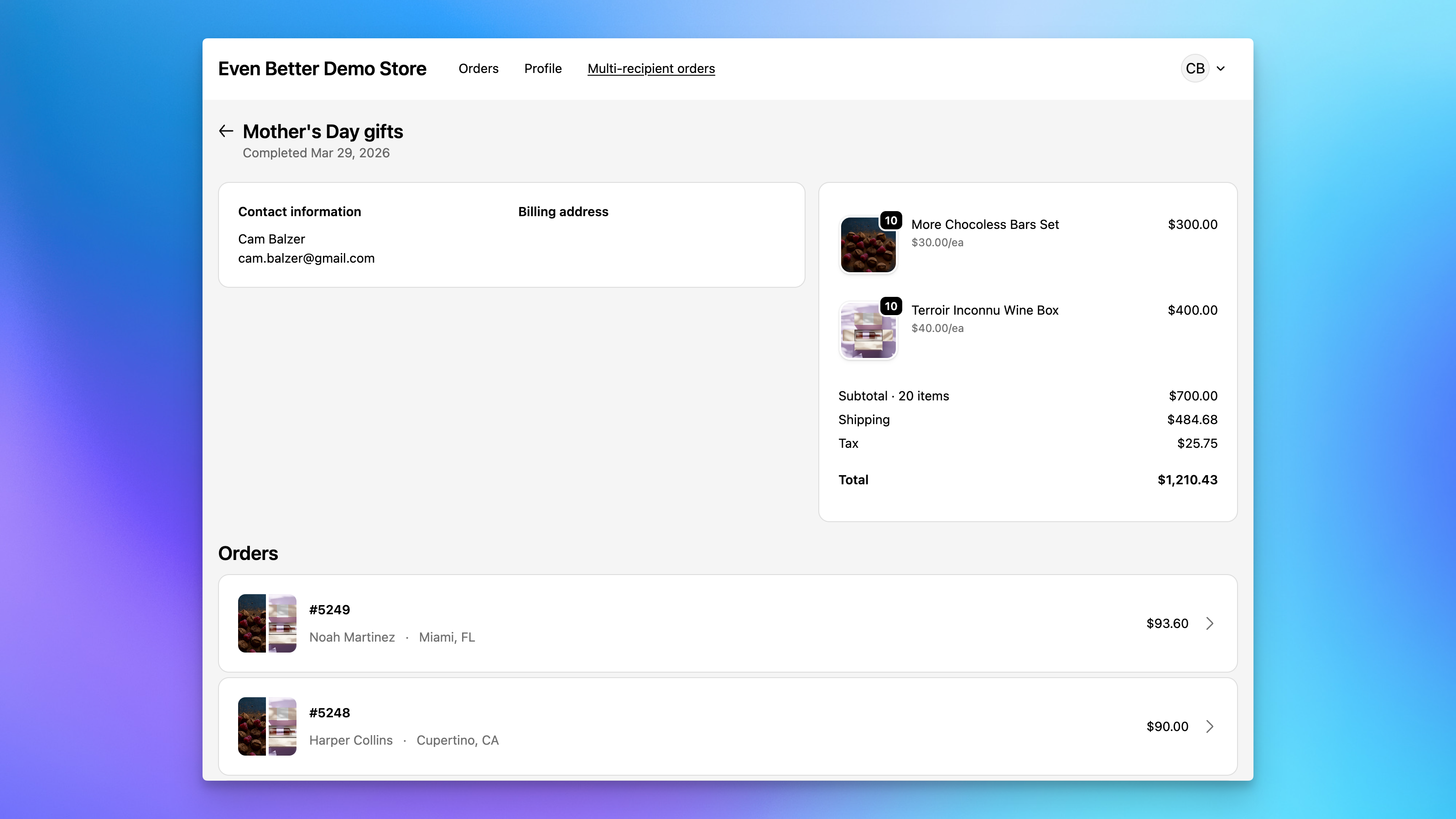 Customer account Sends page showing send detail with products, totals, and individual recipient orders