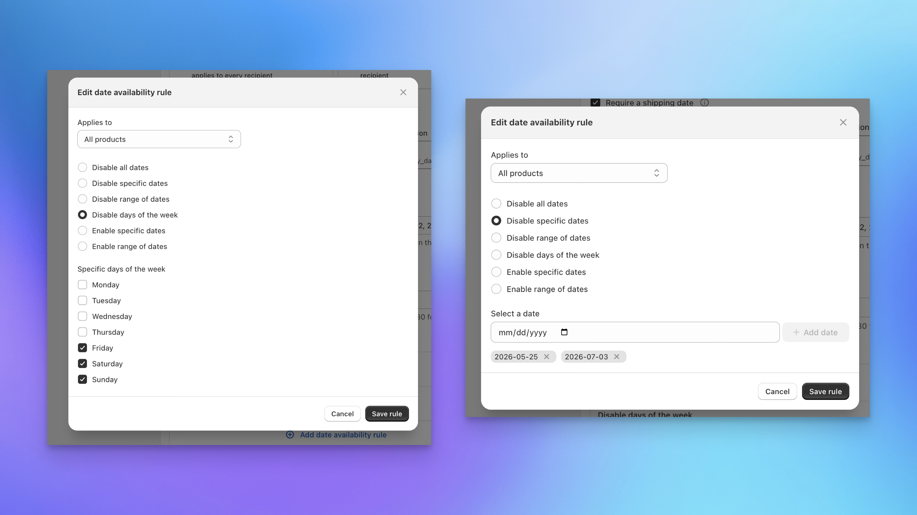 Date availability rules showing blocked dates and disabled days of the week