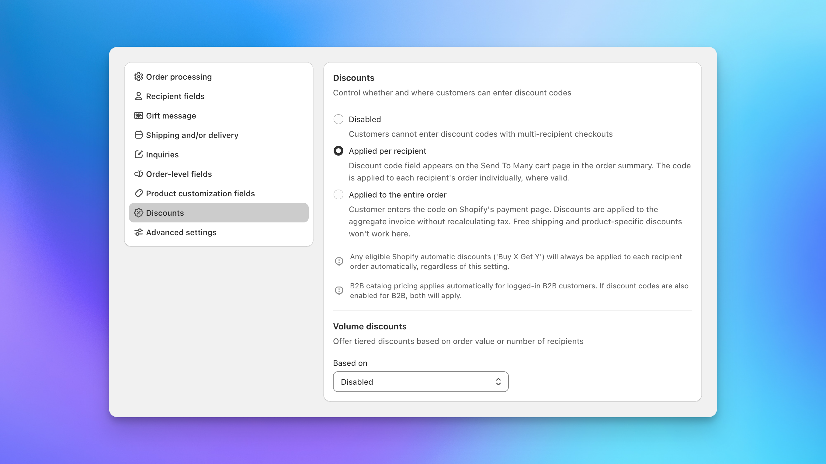 Discounts settings page with discount code modes and volume discount options