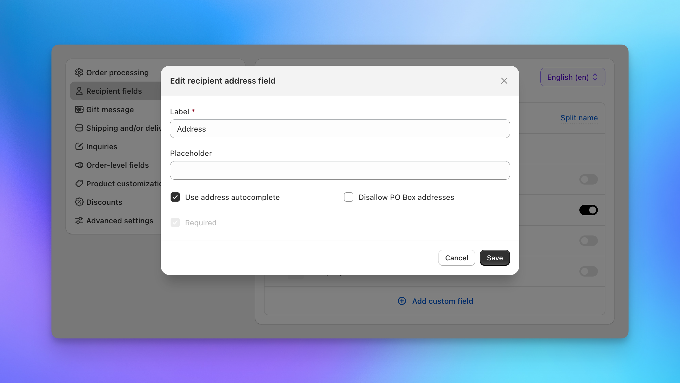Edit address field modal with autocomplete and PO Box restriction options