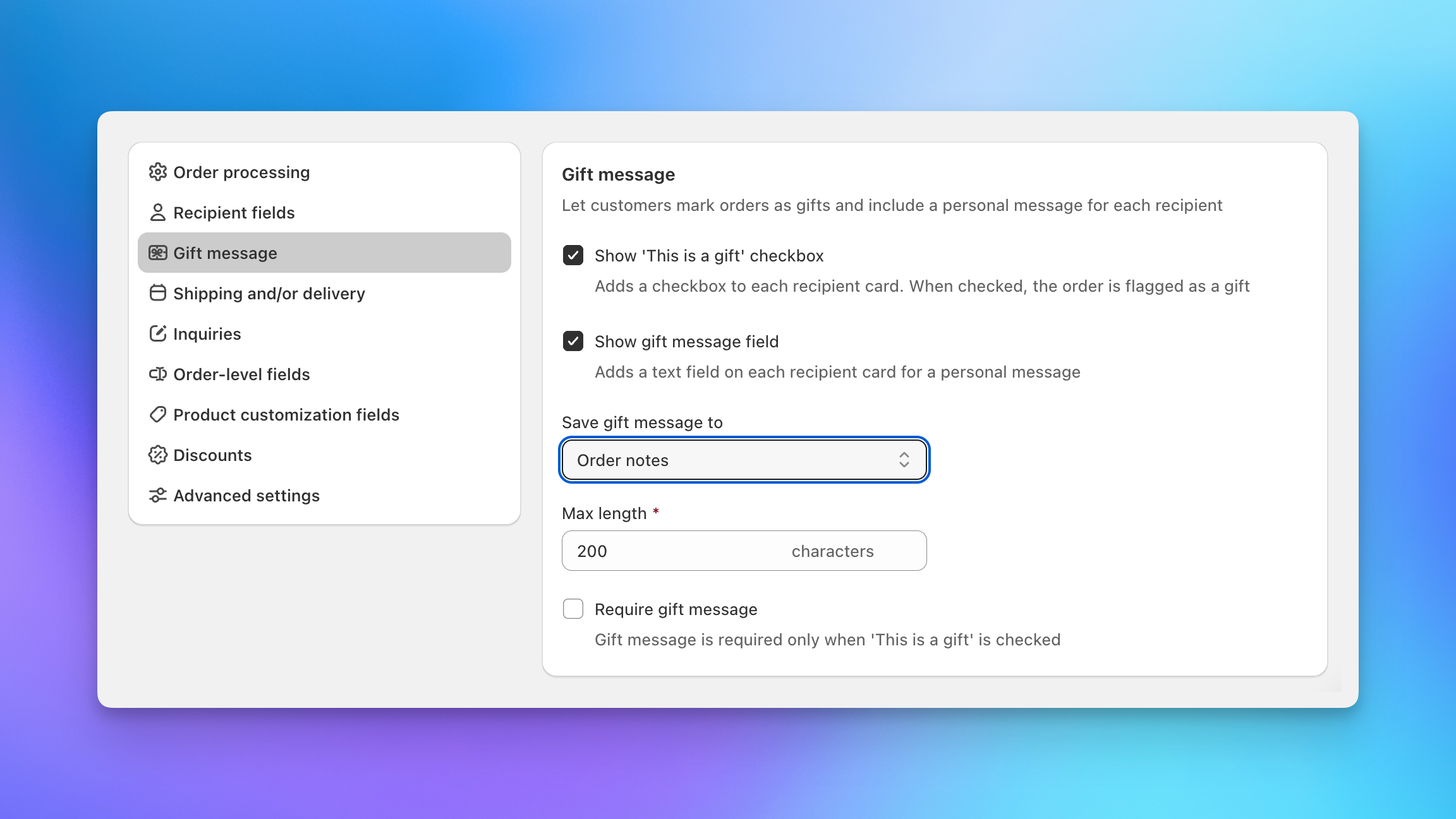 Gift message settings with checkboxes and storage options in Send To Many checkout