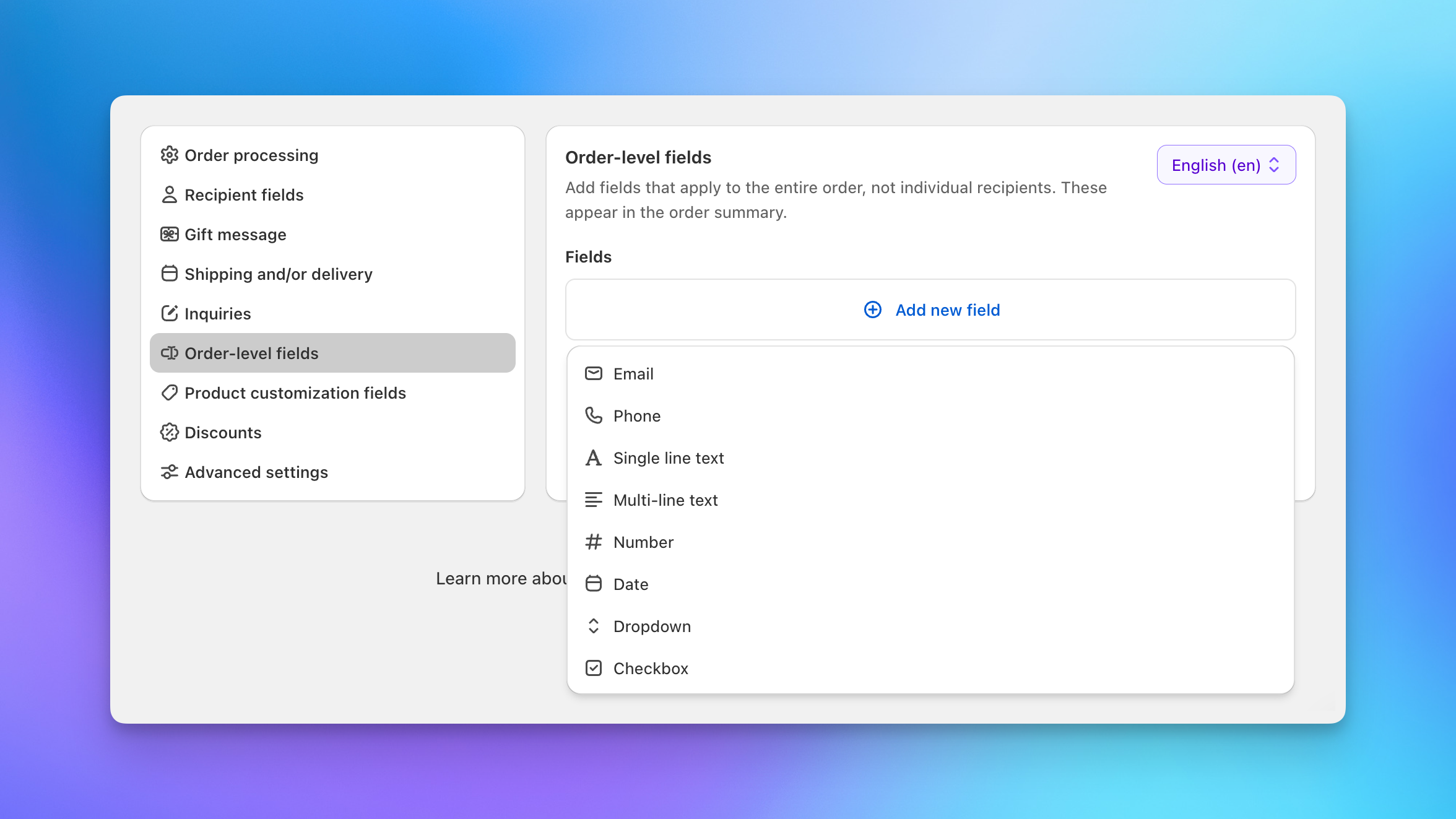Order-level fields configuration in Send To Many checkout settings