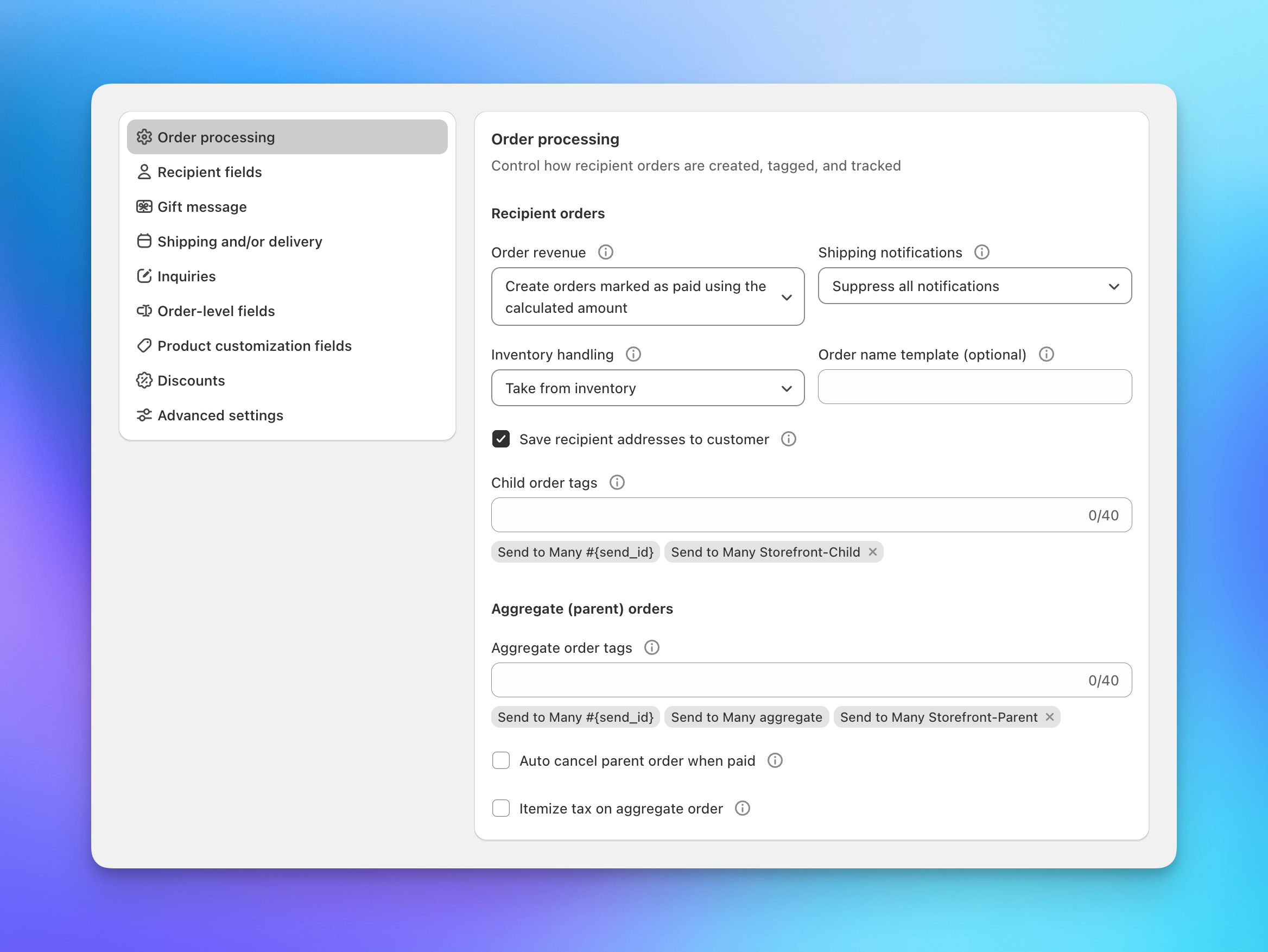 Order processing settings showing revenue, notification, and inventory options