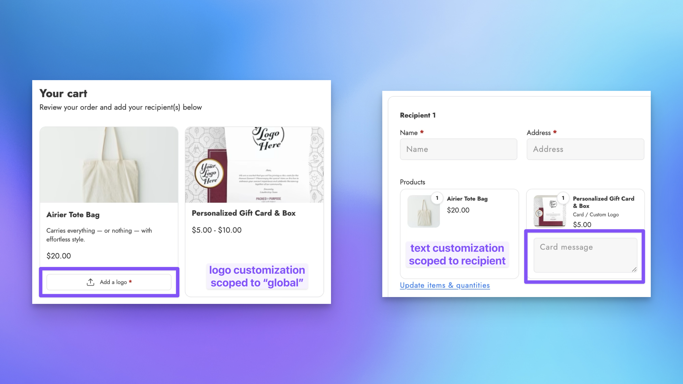 Product customization field configuration showing scope options for global and per-recipient custom fields