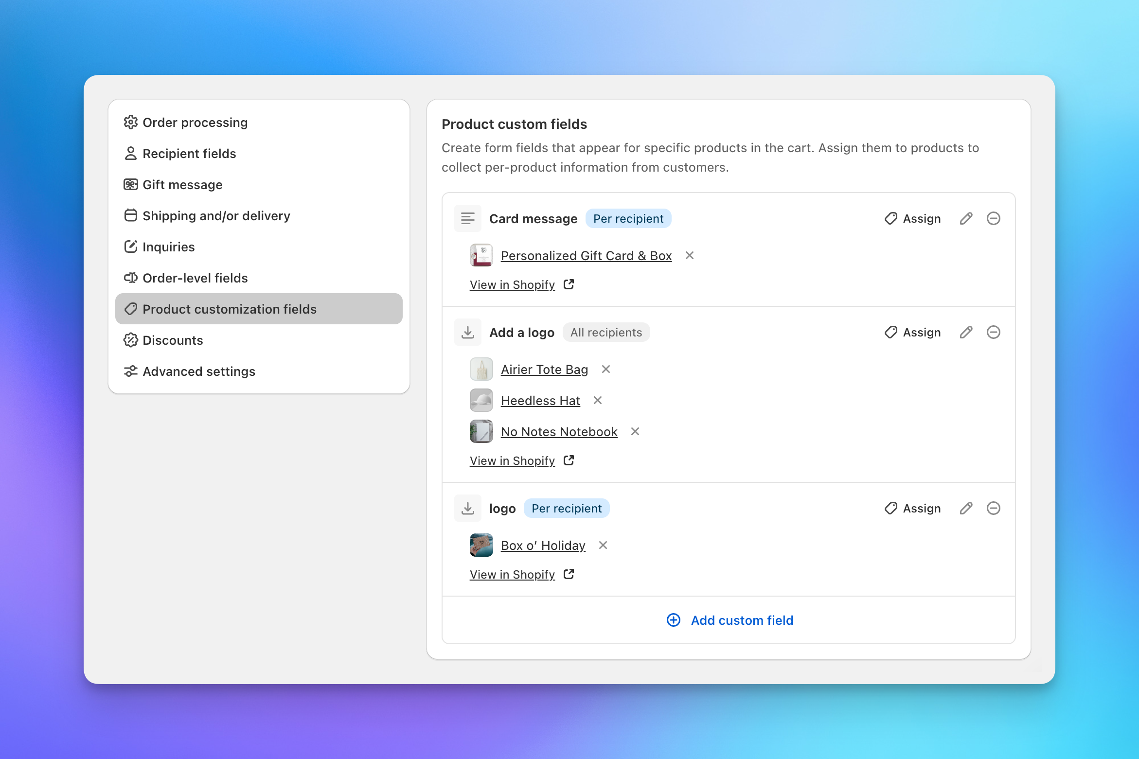 Product customization fields list in Send To Many checkout settings