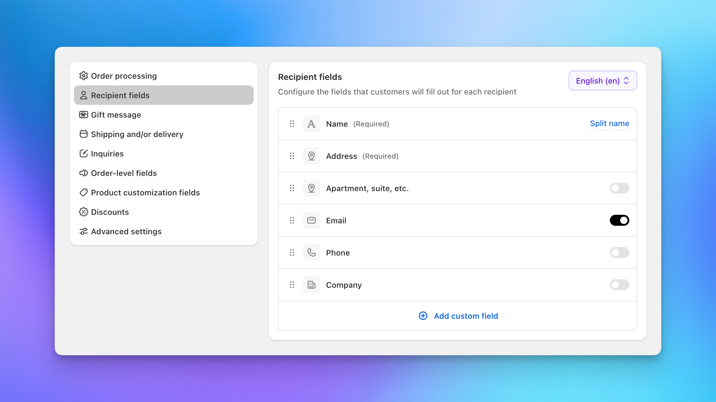 Recipient fields configuration showing field list and toggles in Send To Many checkout settings