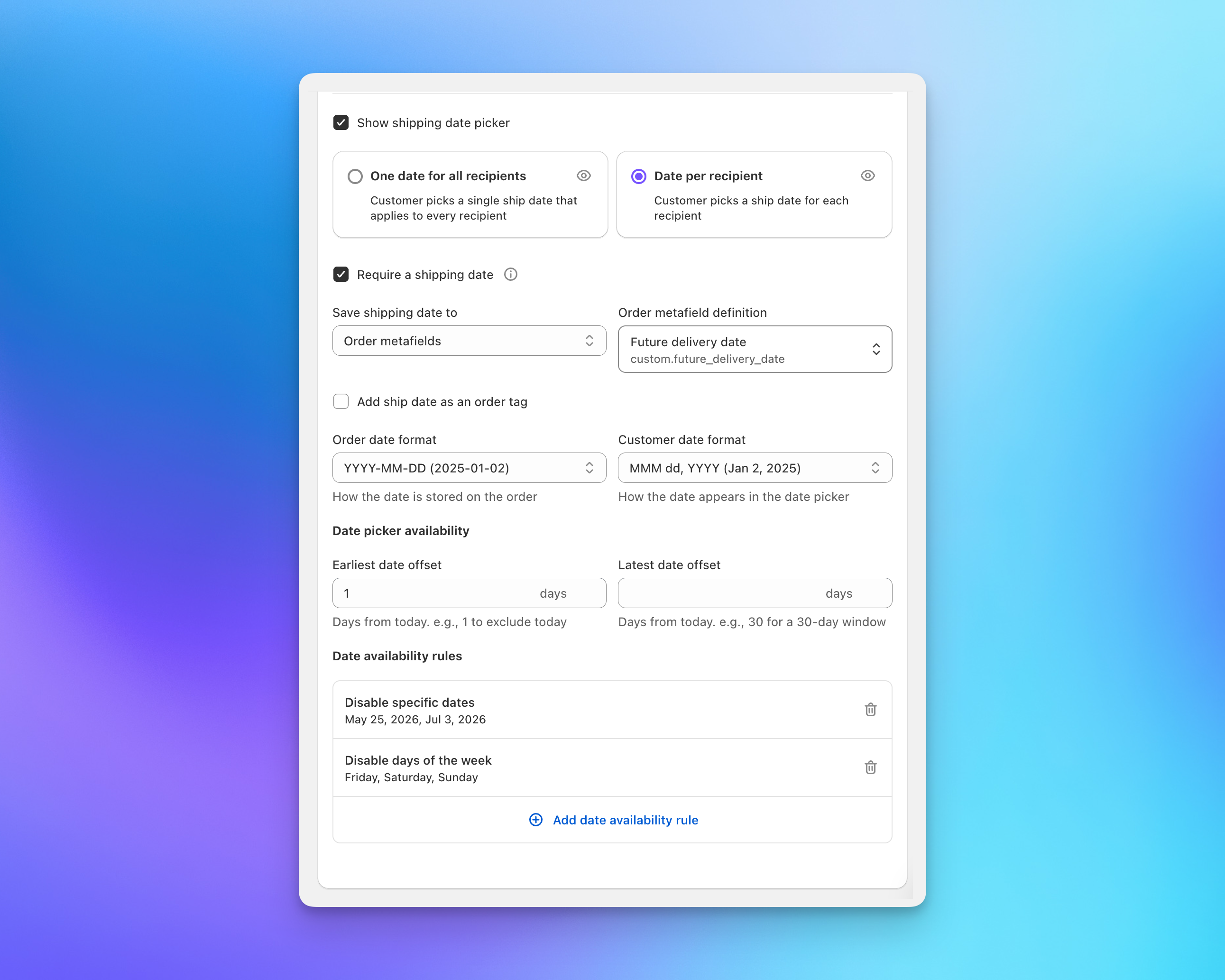 Shipping date picker configuration with date modes, storage options, and availability rules