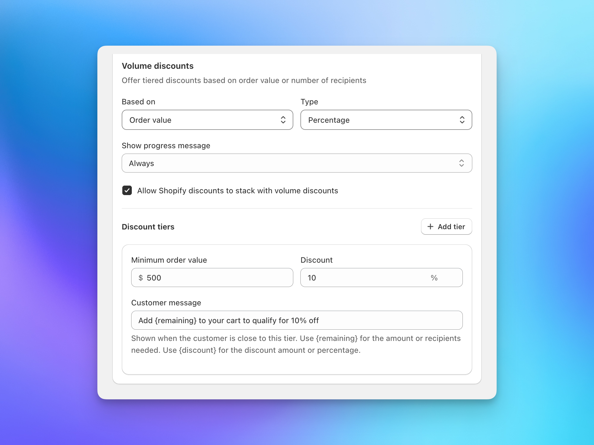 Volume discount tier configuration with recipient count and order value thresholds