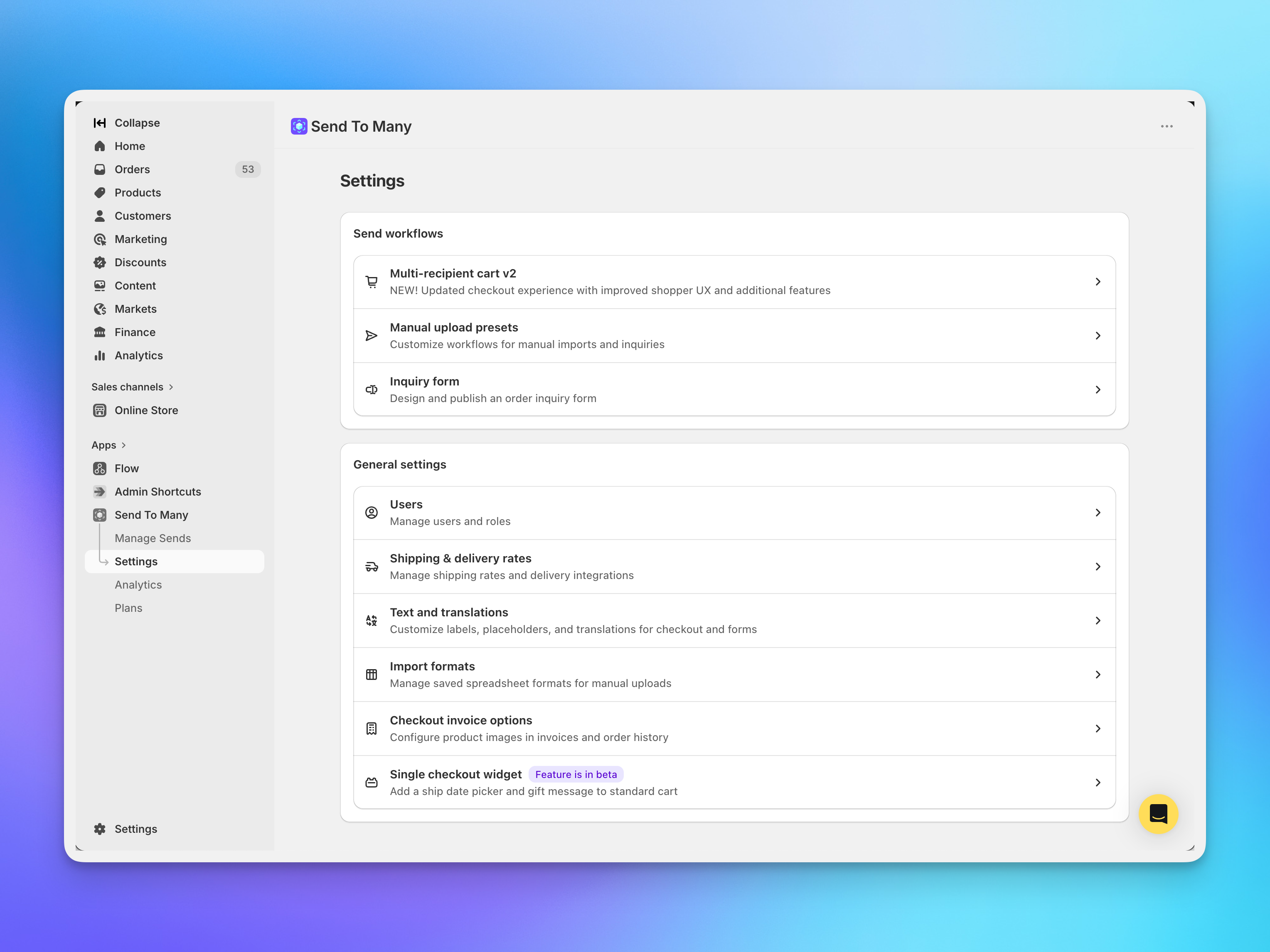 Send To Many settings page with multi-recipient cart v2 highlighted