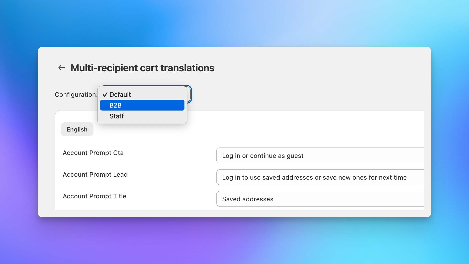 Configuration selector on the Text and translations settings page