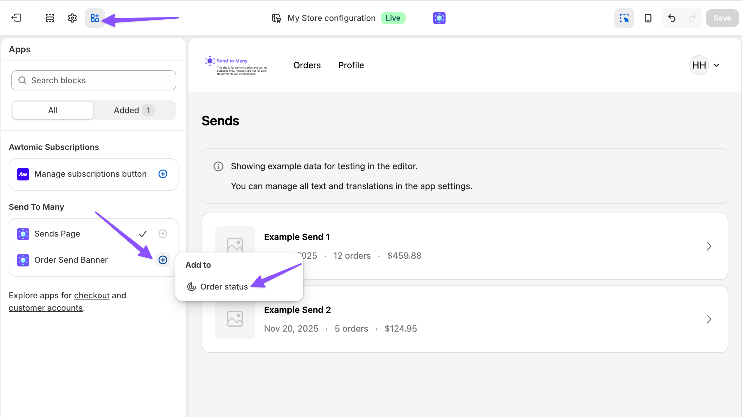 Send To Many customer account extensions in the Shopify theme editor with Sends Page and Order Send Banner enabled