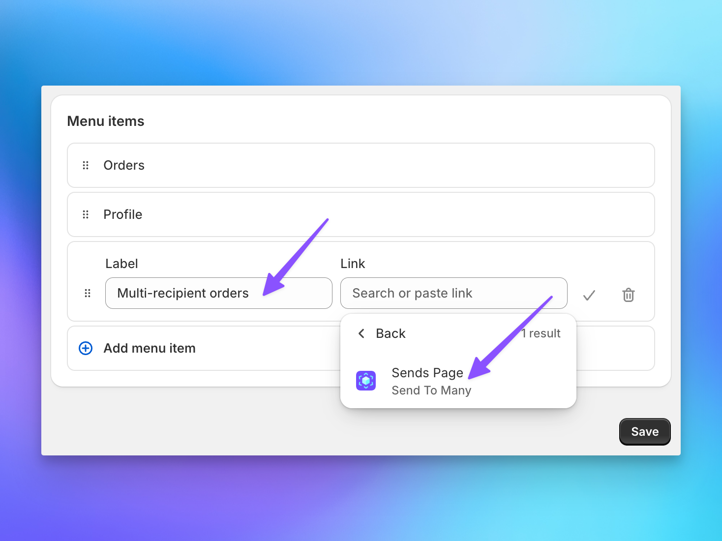 Shopify customer account navigation menu editor showing Send To Many Sends Page added with a custom label
