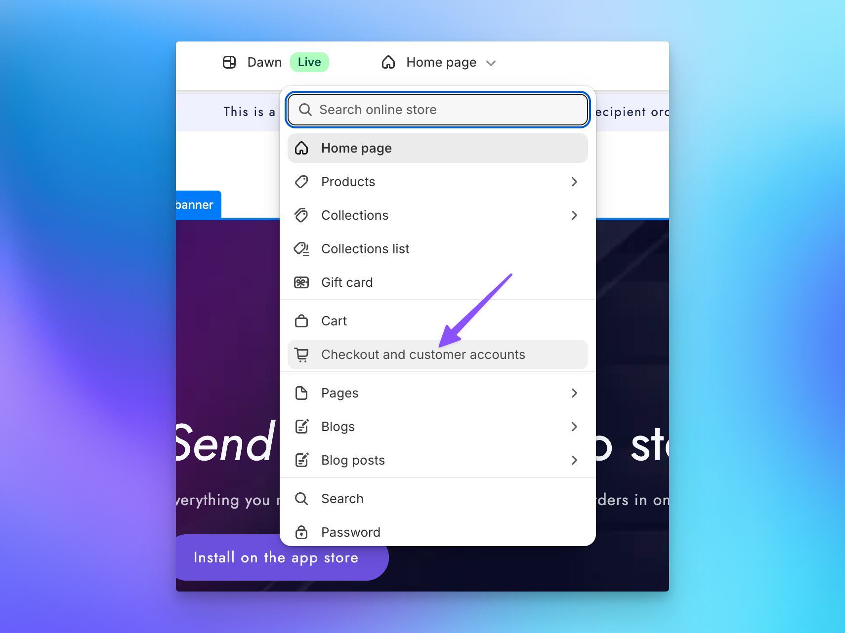 Shopify theme editor page picker showing the Checkout and customer accounts option