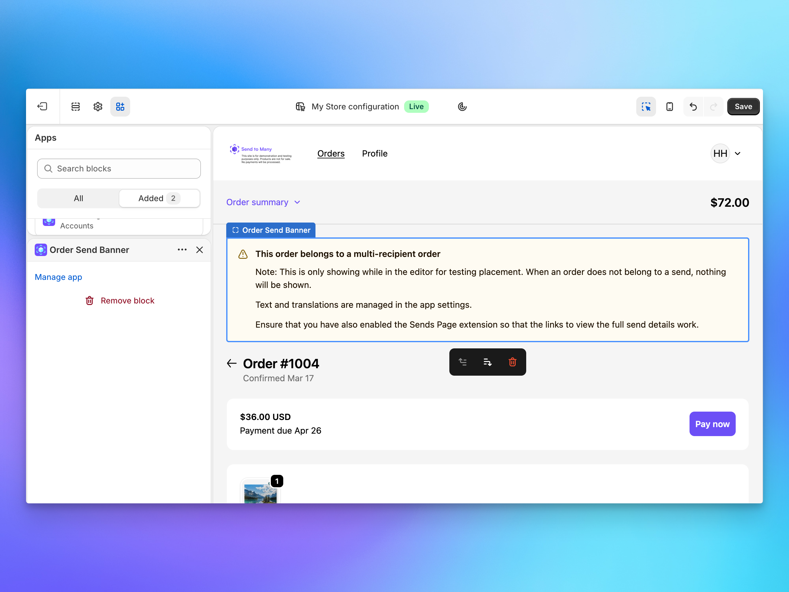 Order Send Banner preview in the Shopify theme editor showing dummy data on an order detail page