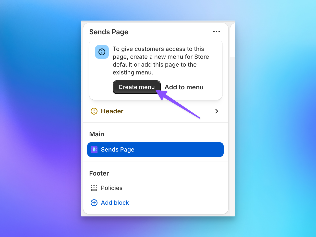 Shopify prompt to add Send To Many Sends Page to the customer account navigation menu