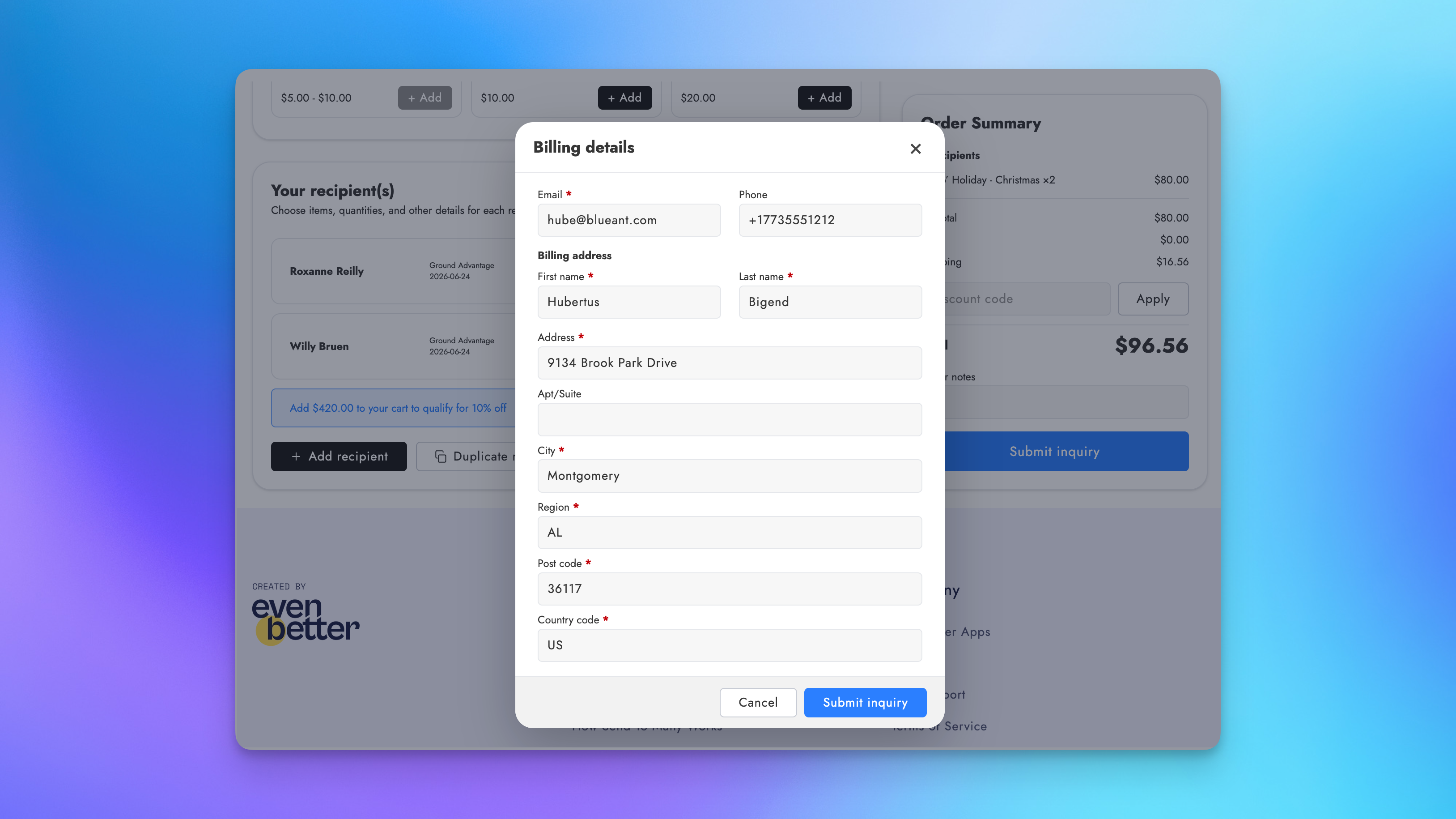 Billing details form for the customer billing contact and address at the staff mode submit step