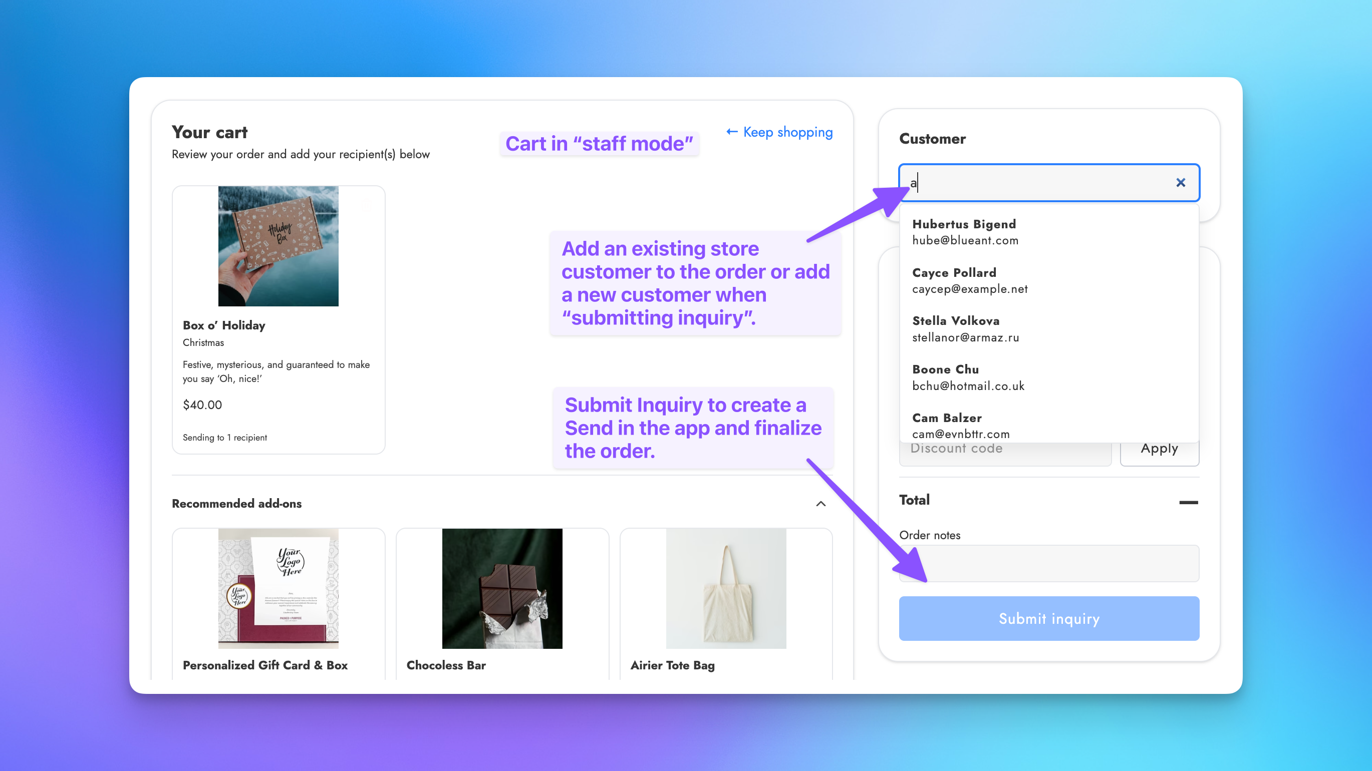 Send To Many staff mode cart with customer search and submit action for multi-recipient order entry