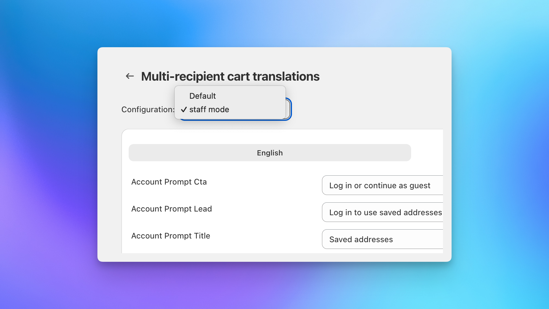 Customizing on-page text for the staff mode configuration in Send To Many multi-recipient cart translations