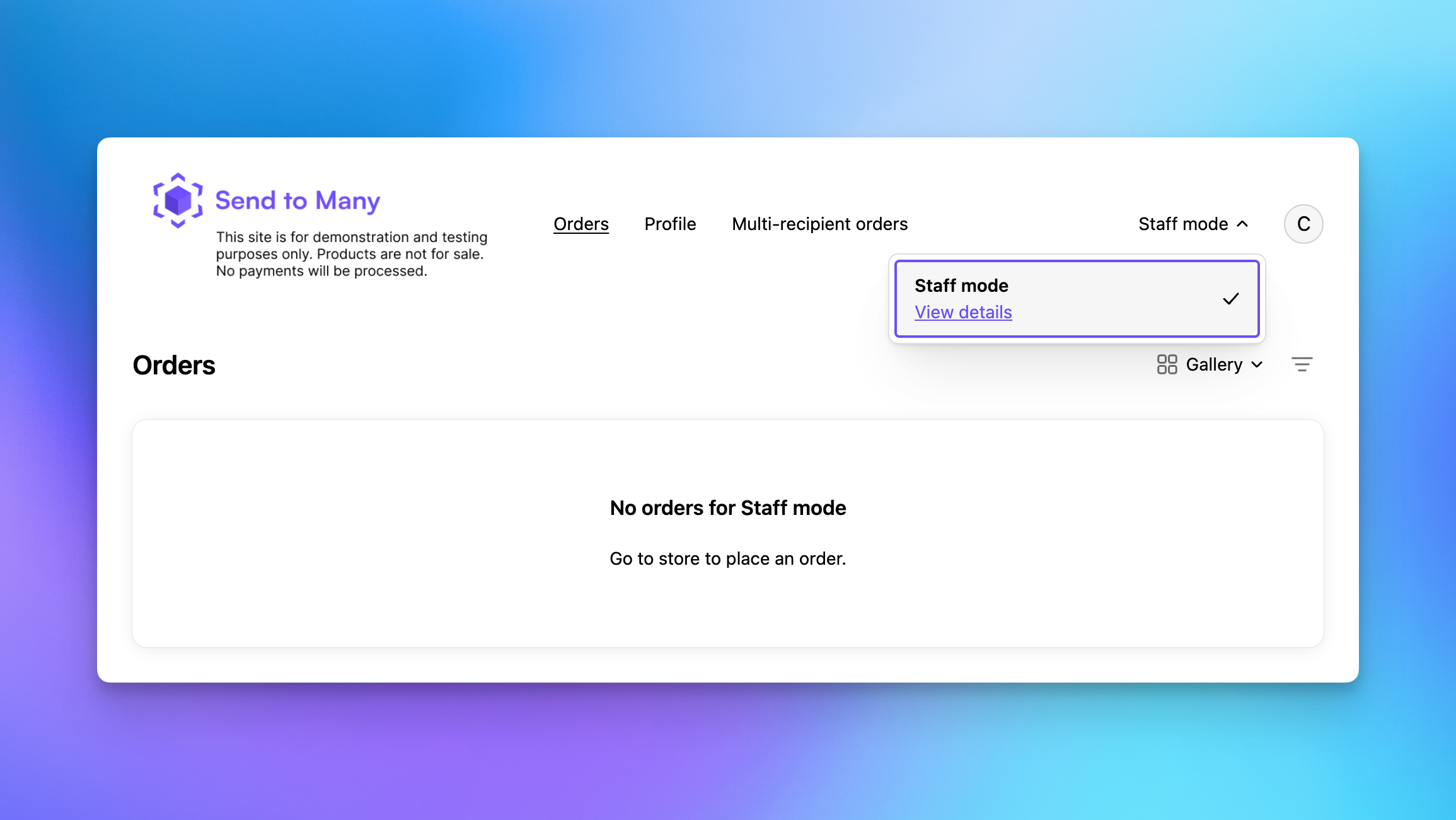 Storefront customer account confirming the staff mode account is logged in for Shopify staff order entry