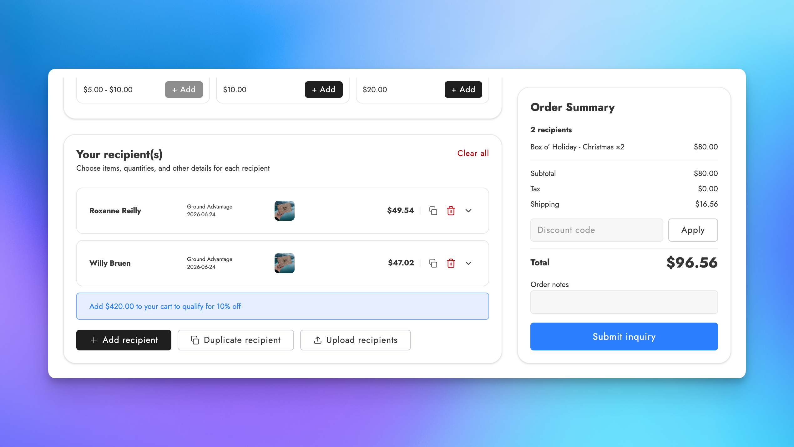 Recipients with products and order summary before submitting a Send To Many staff mode order