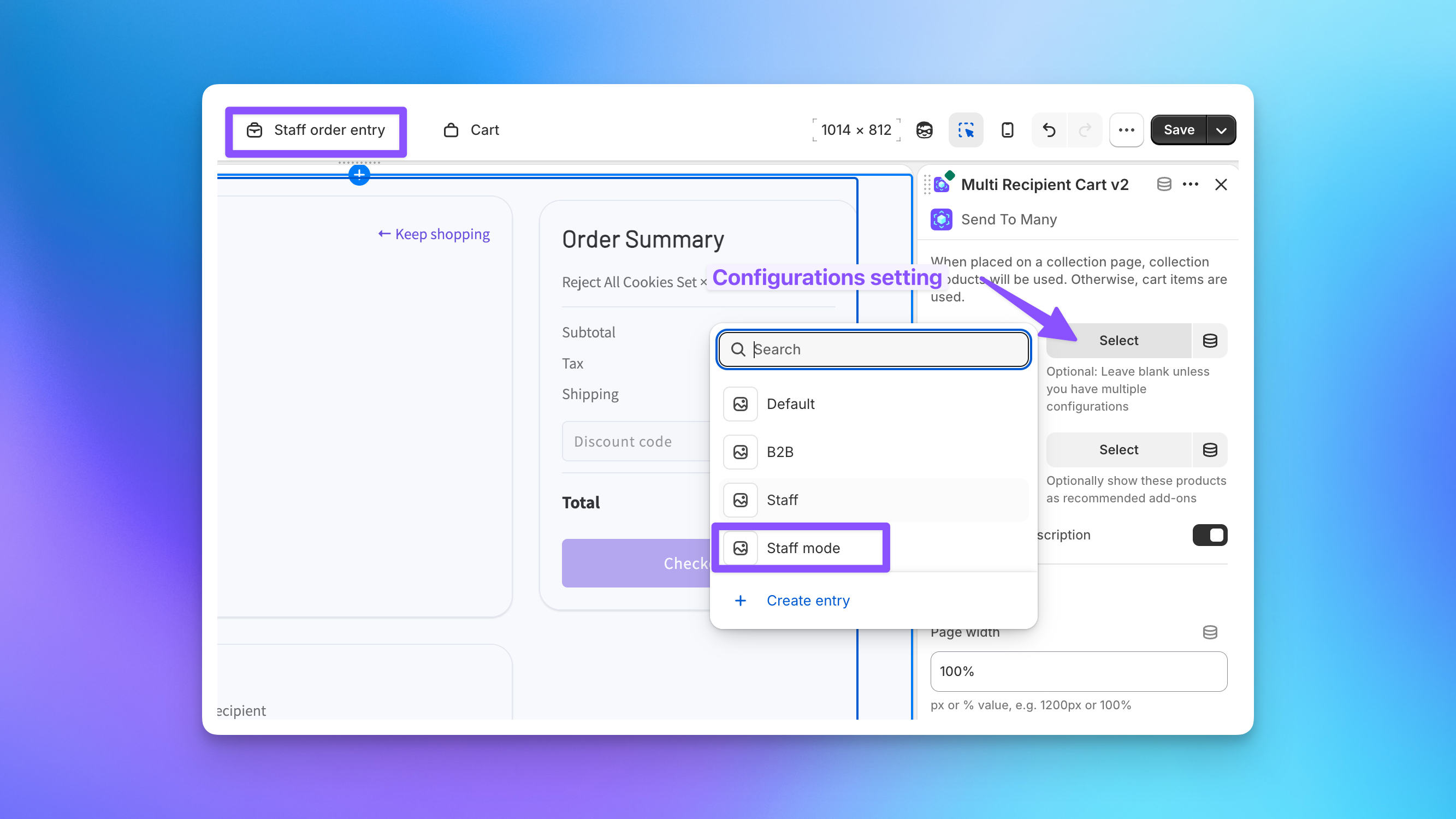Assigning the staff mode checkout configuration to a staff order entry page using theme contexts in the Shopify theme editor