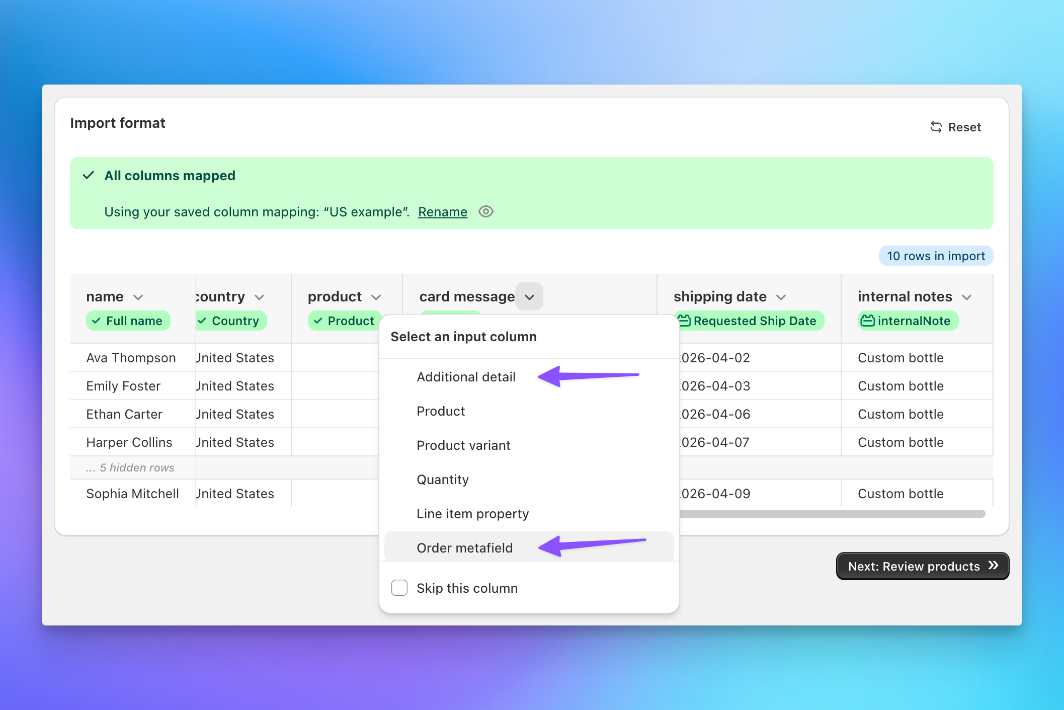 Send To Many column mapping interface assigning spreadsheet columns to Shopify order fields during bulk import