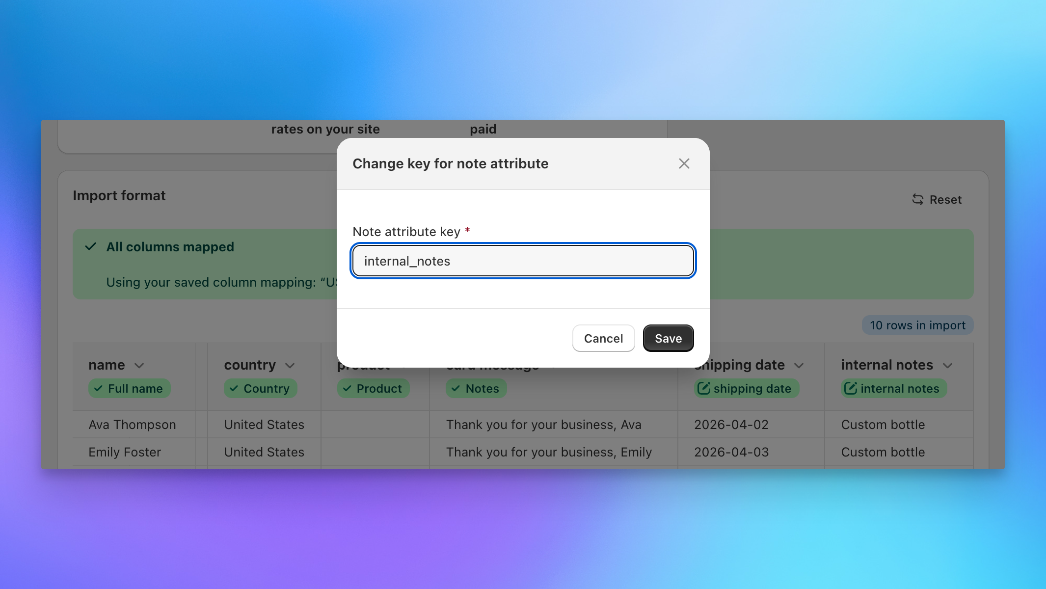 Send To Many column mapping showing a note attribute key being renamed during Shopify bulk order import