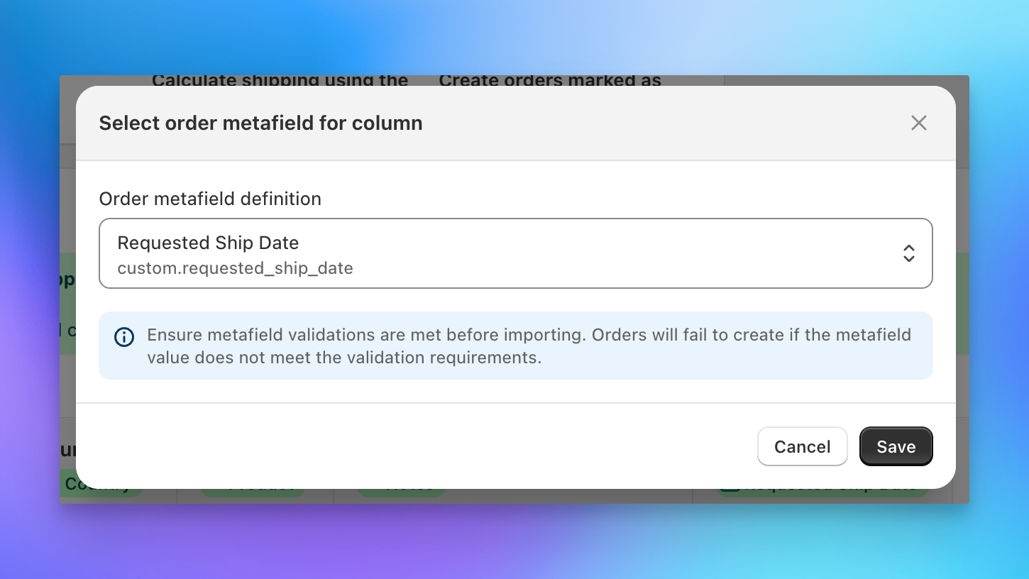 Send To Many column mapping selecting a Shopify order metafield destination during bulk import