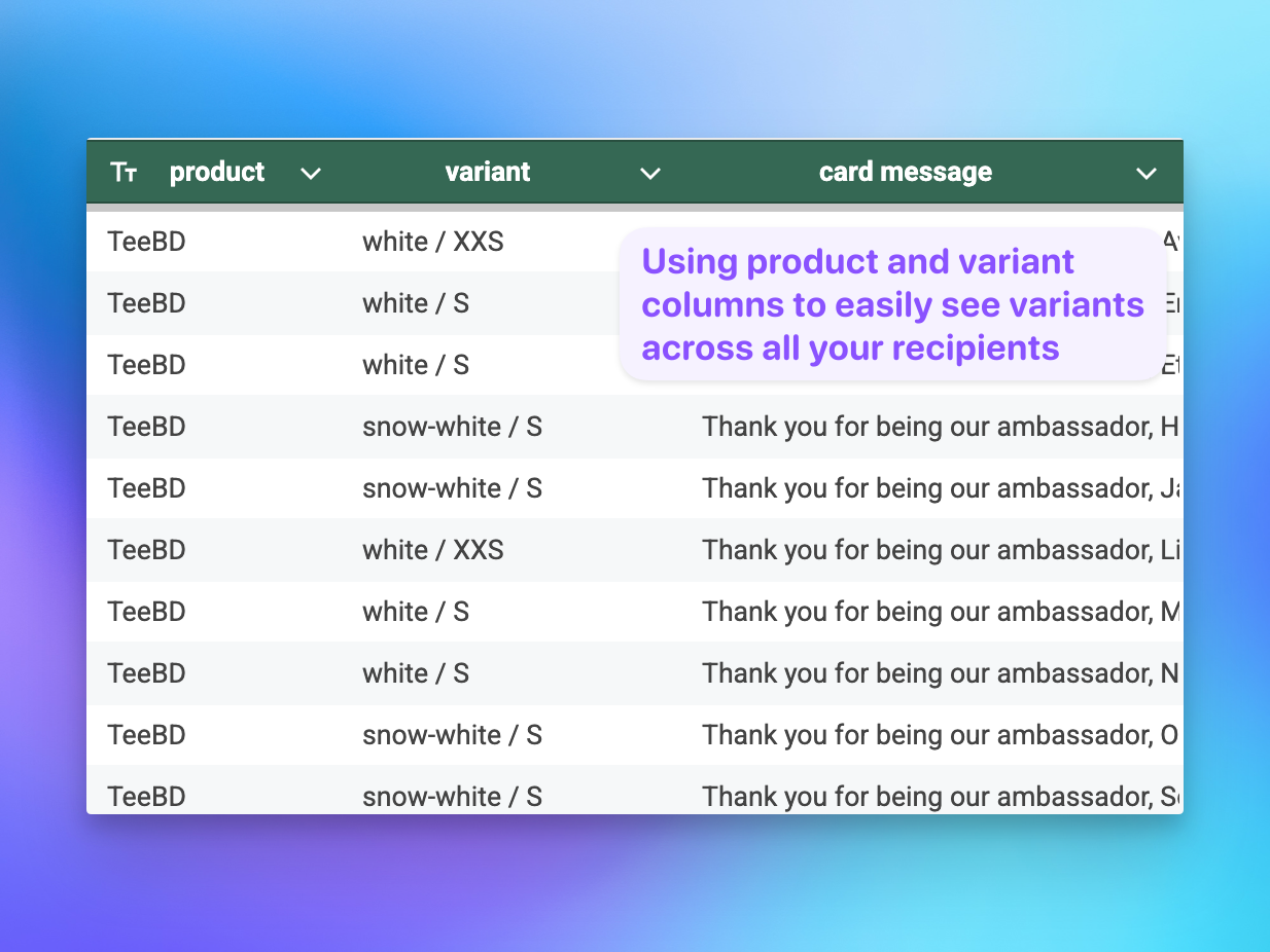 CSV spreadsheet with separate product and variant columns for Send To Many multi-recipient order import