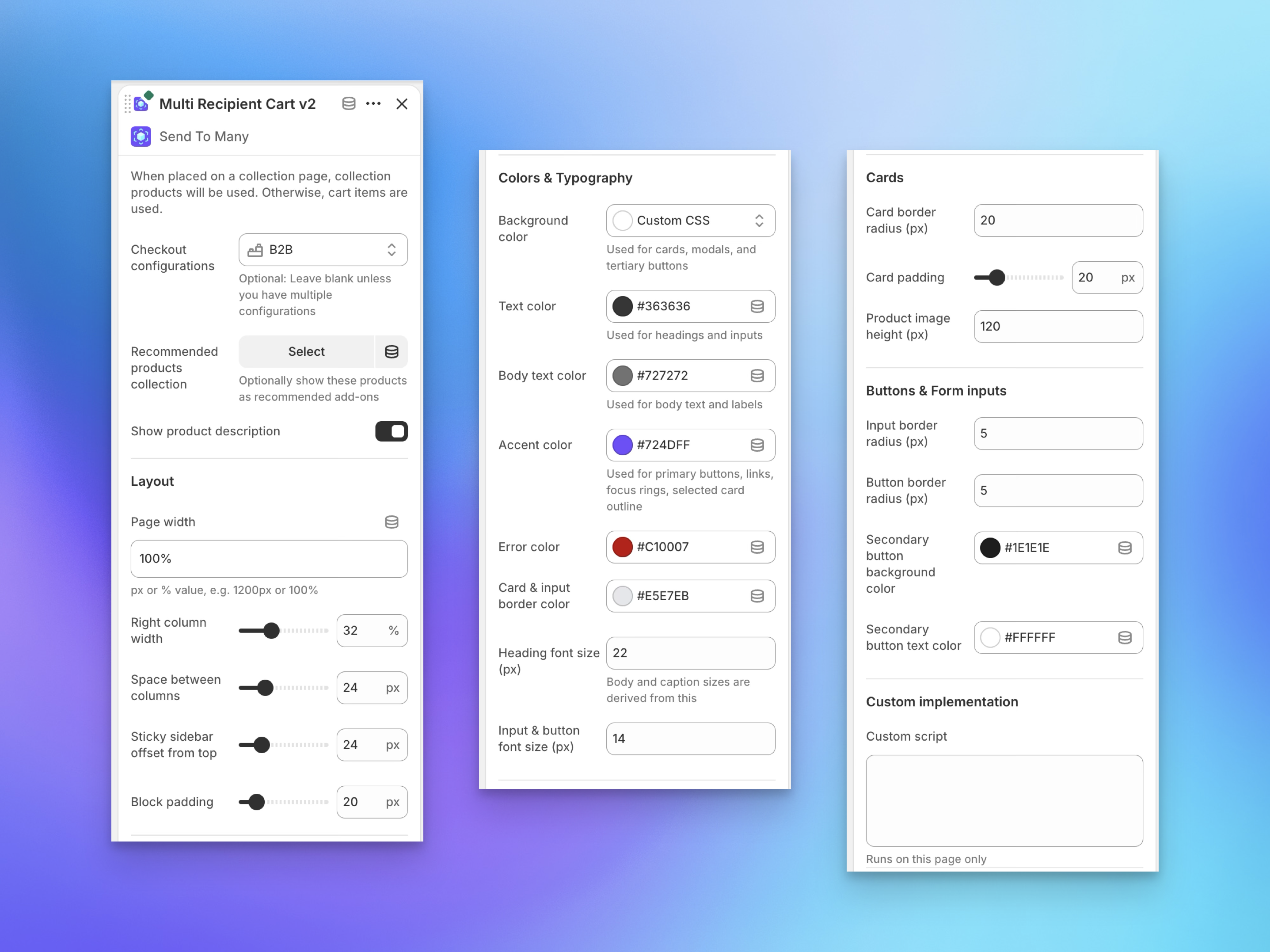 Theme editor block settings panel showing layout, colors, and typography options for multi-recipient checkout