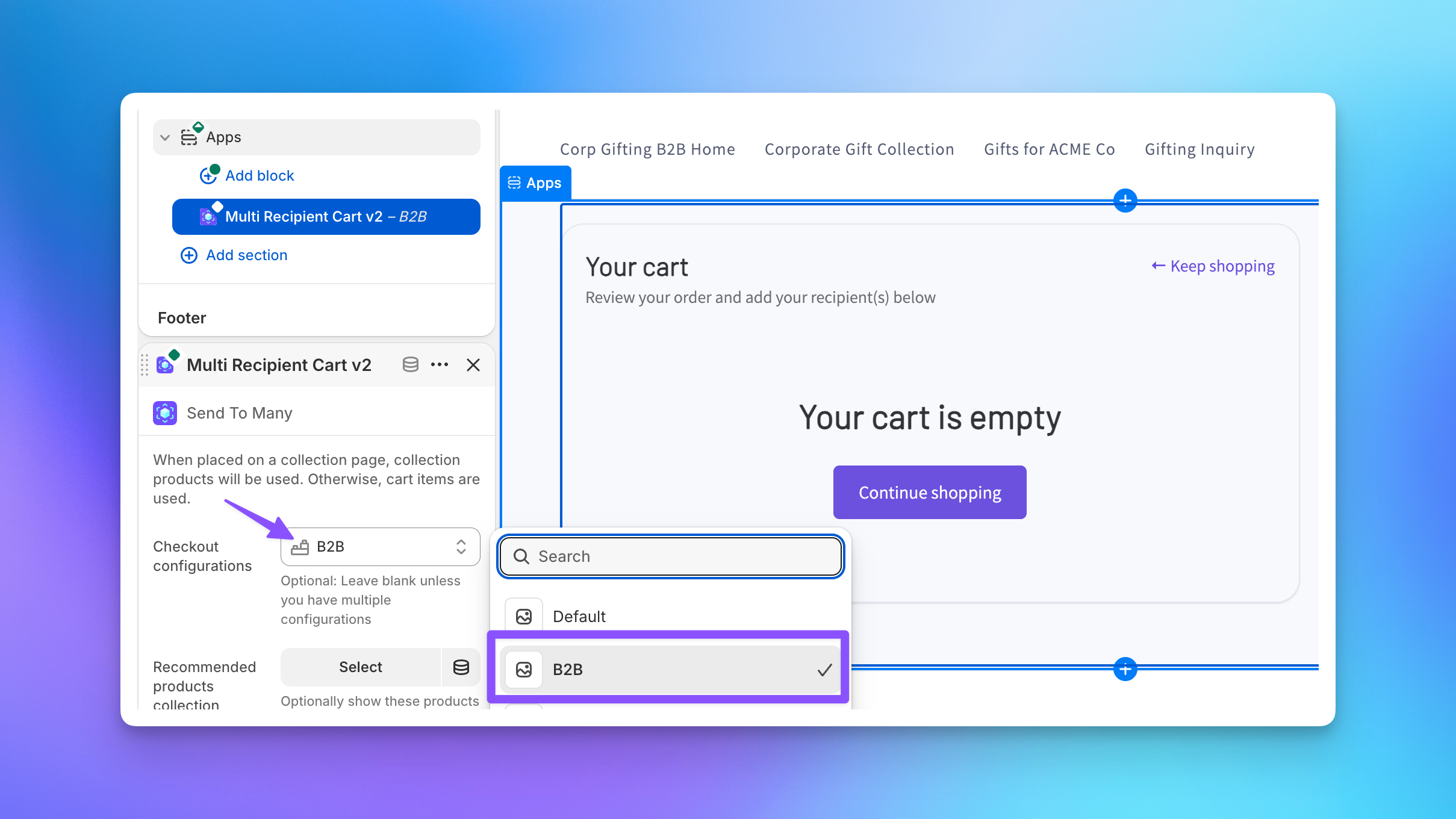 Theme editor showing the configuration dropdown in the Send To Many checkout block settings