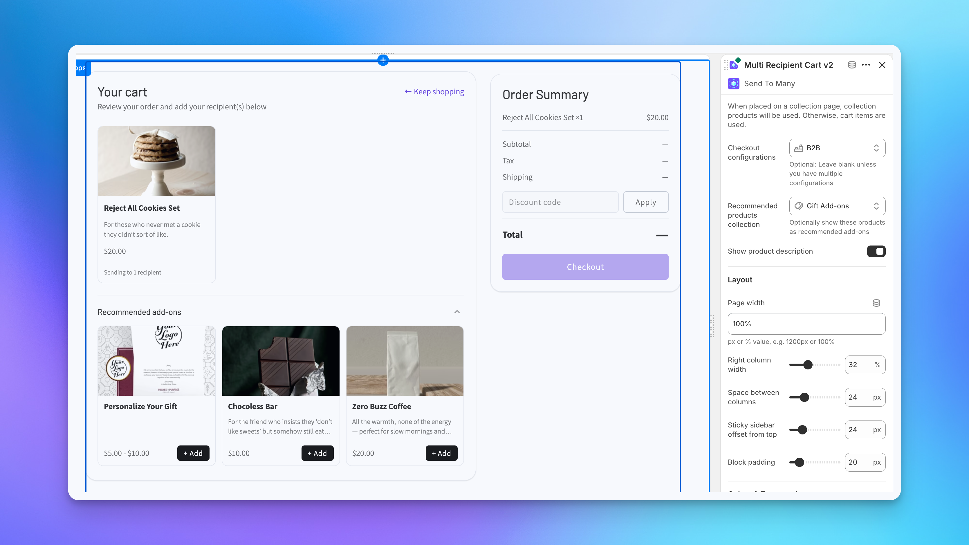 Shopify theme editor with Multi Recipient Cart v2 block added and settings panel visible