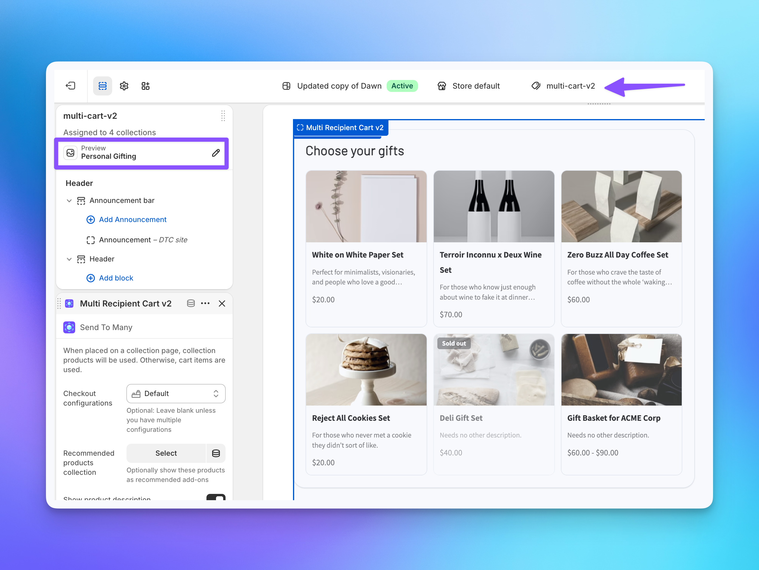 Theme editor showing multi-recipient checkout block on a Shopify collection page template