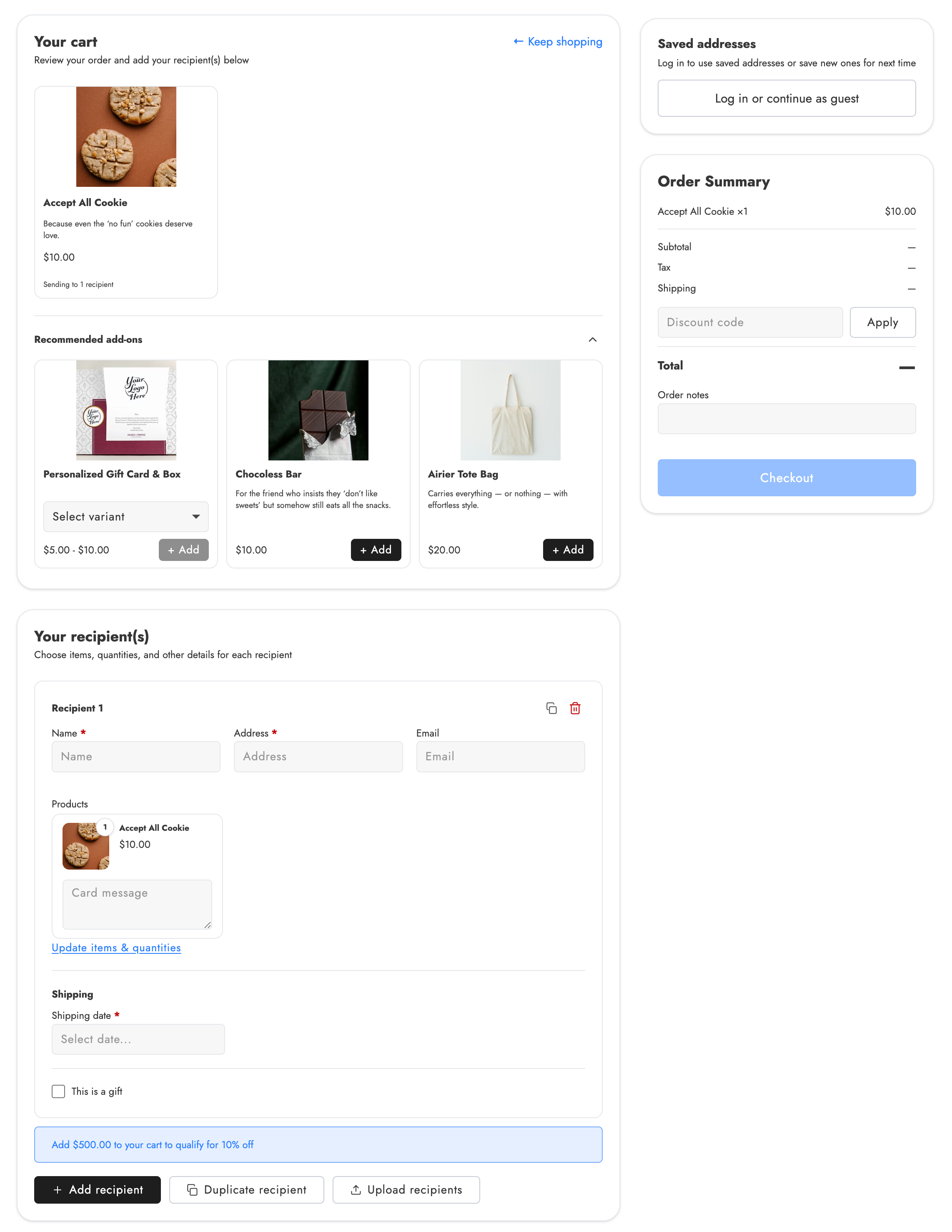 Send To Many multi-recipient cart page in Shopify showing the shopper-facing text covered by translations: cart, recipients, add-ons, and order summary